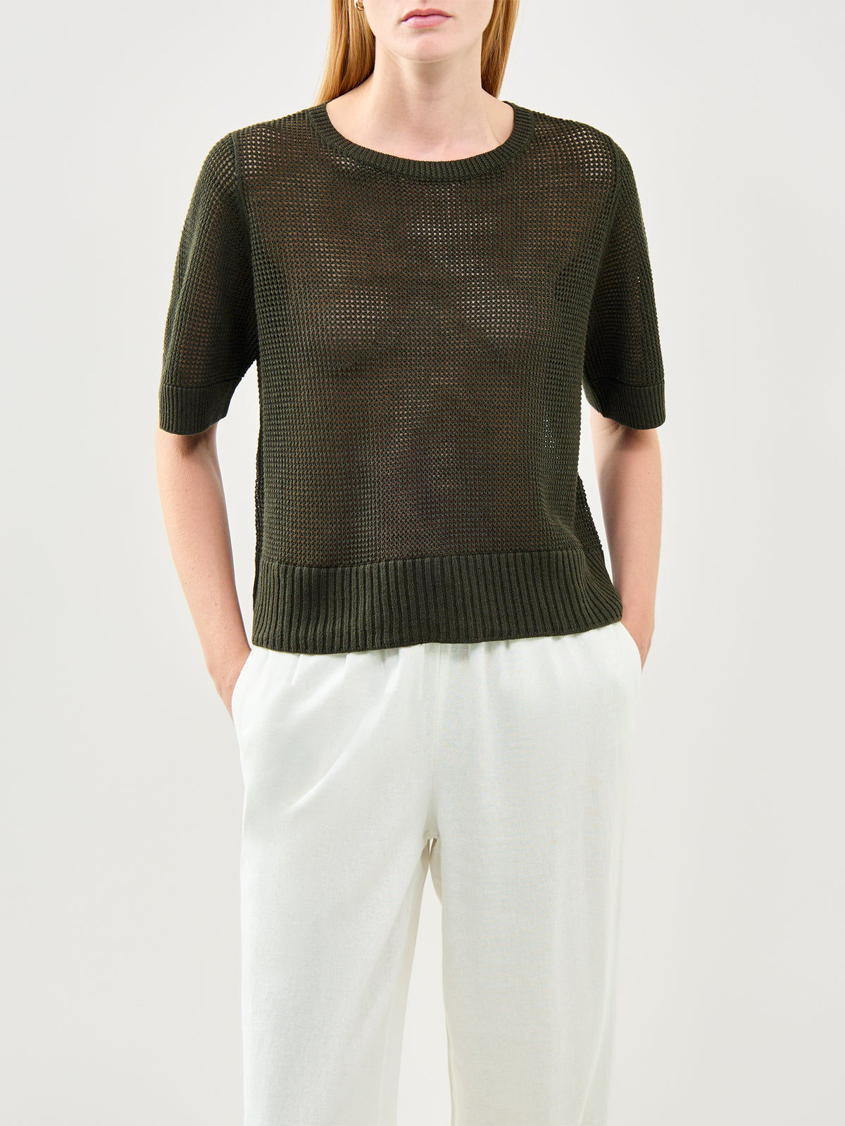 Organic Linen & Cotton Short-Sleeved Sweater - Seaweed