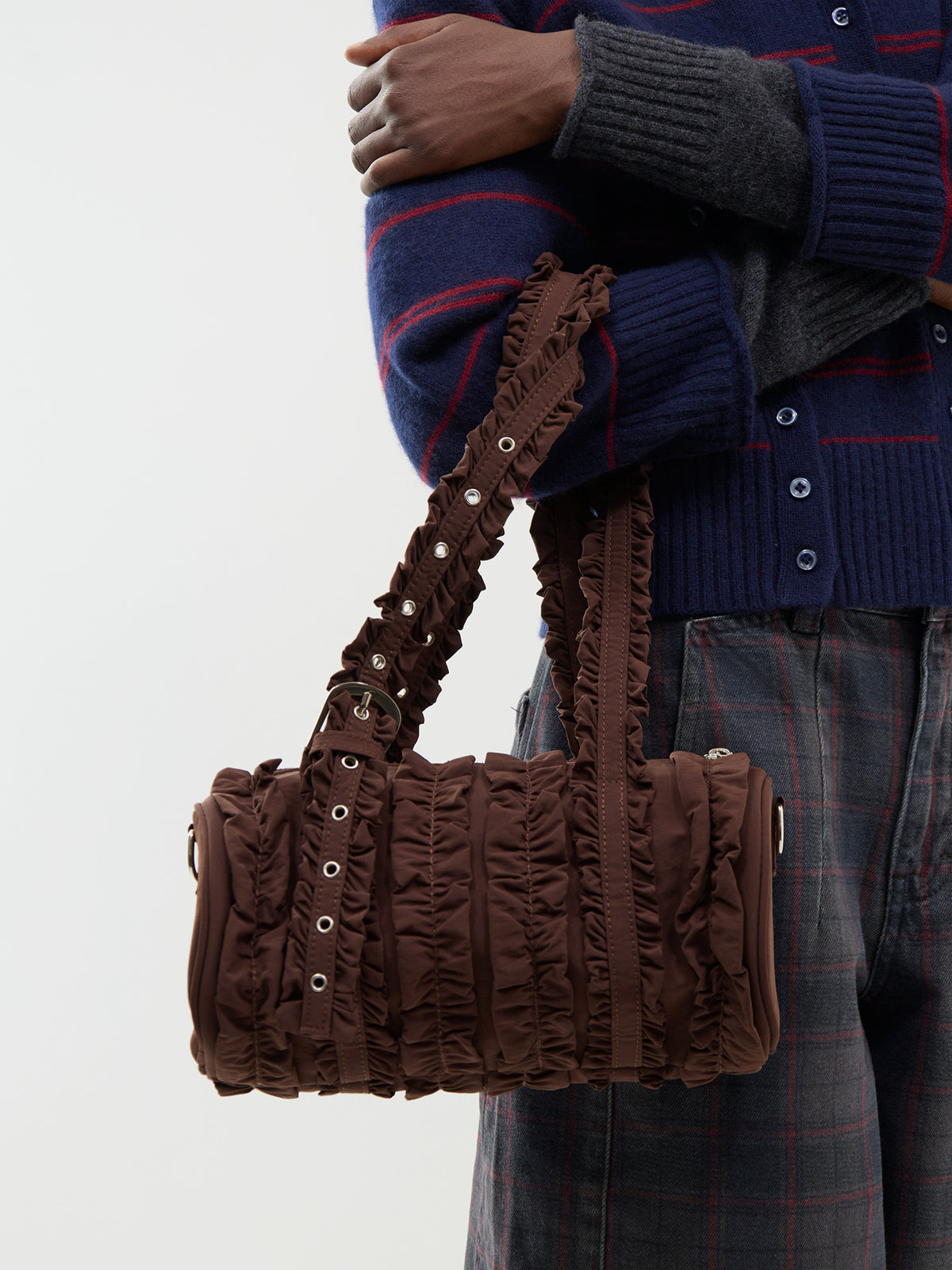 Waverly Mini Ruffle Barrel Bag – Brown