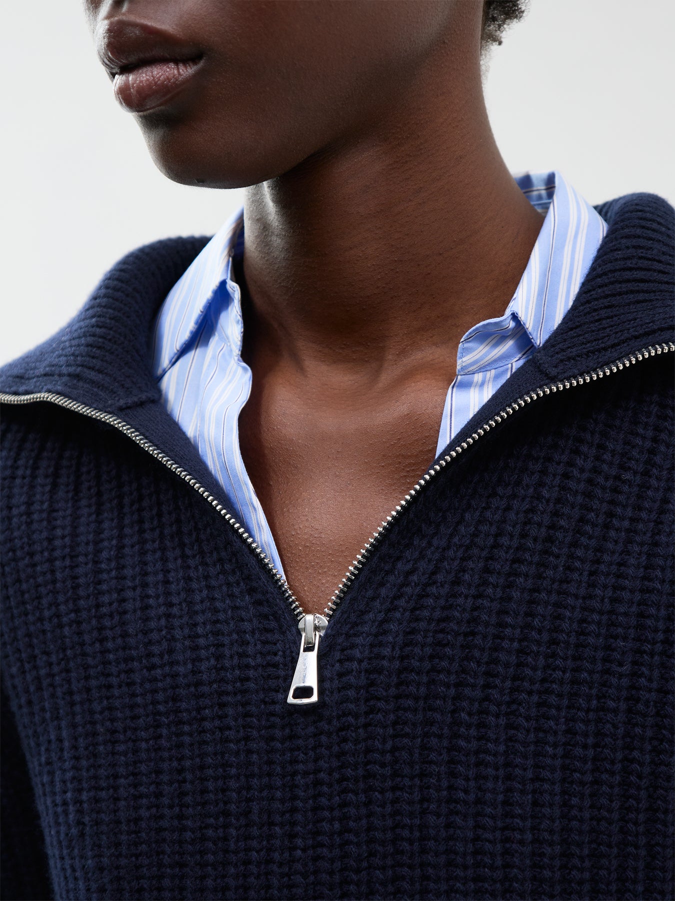 Virgin Wool Laser Zip-Neck Sweater - Navy