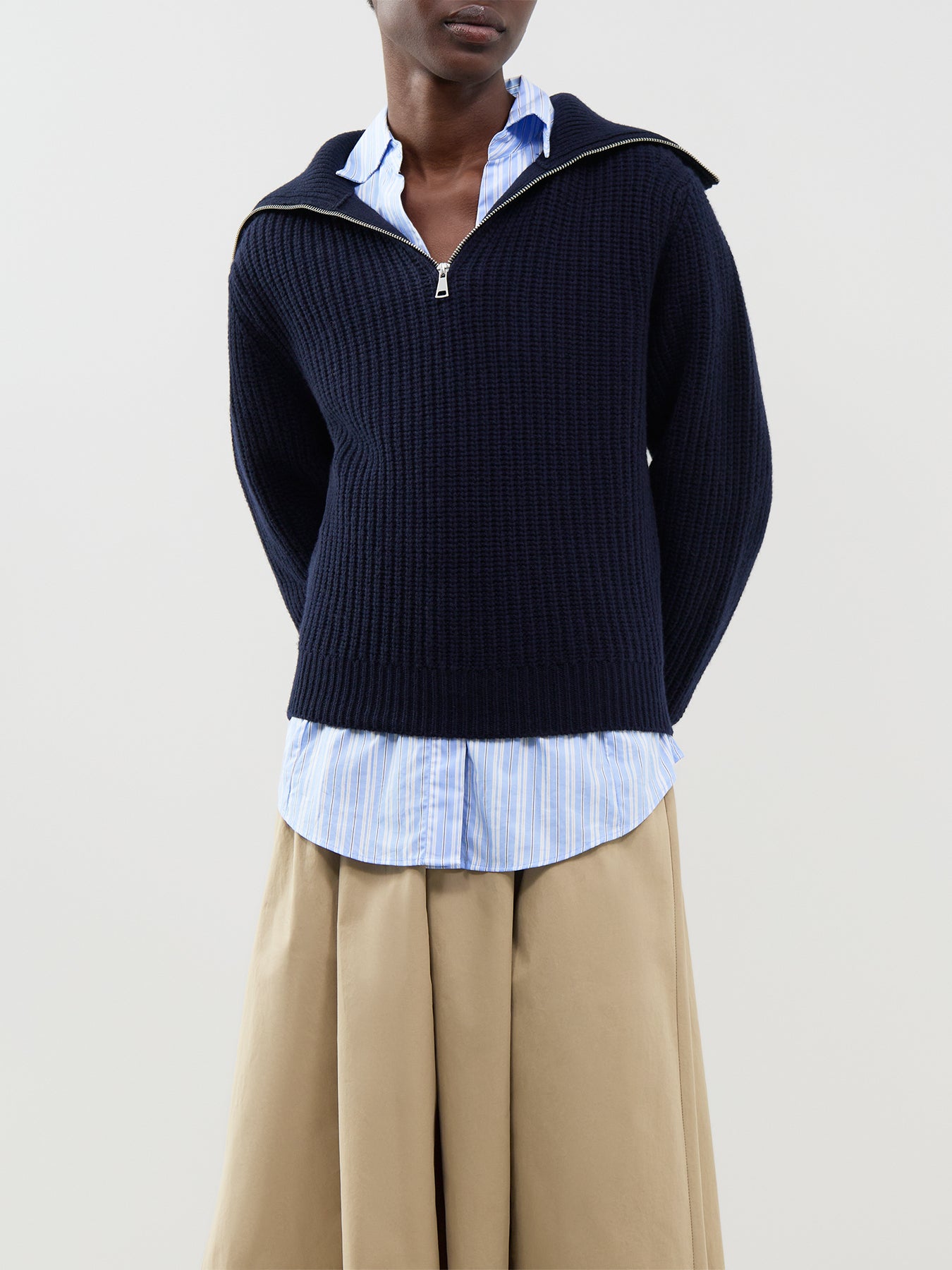 Virgin Wool Laser Zip-Neck Sweater - Navy