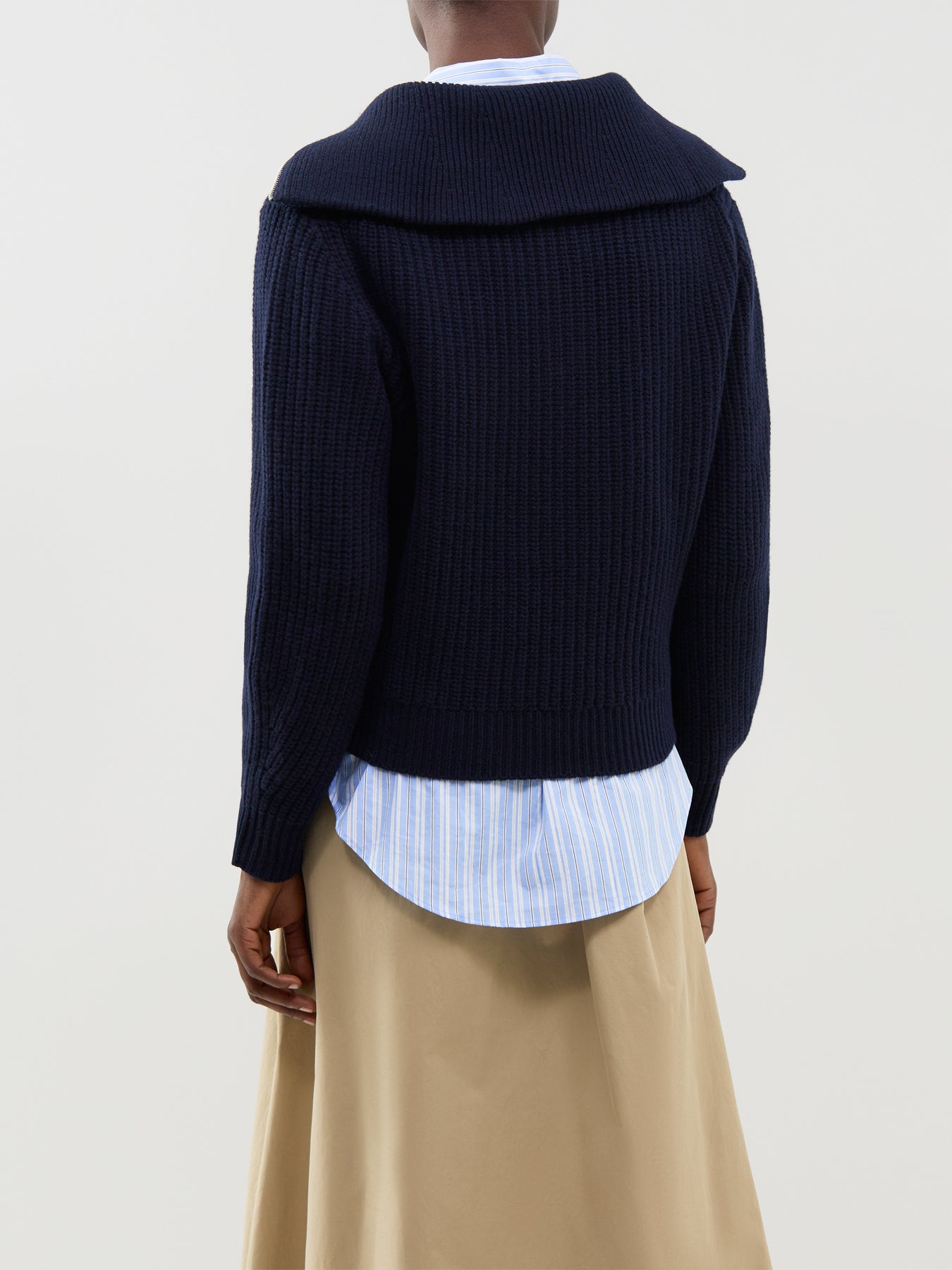 Virgin Wool Laser Zip-Neck Sweater - Navy