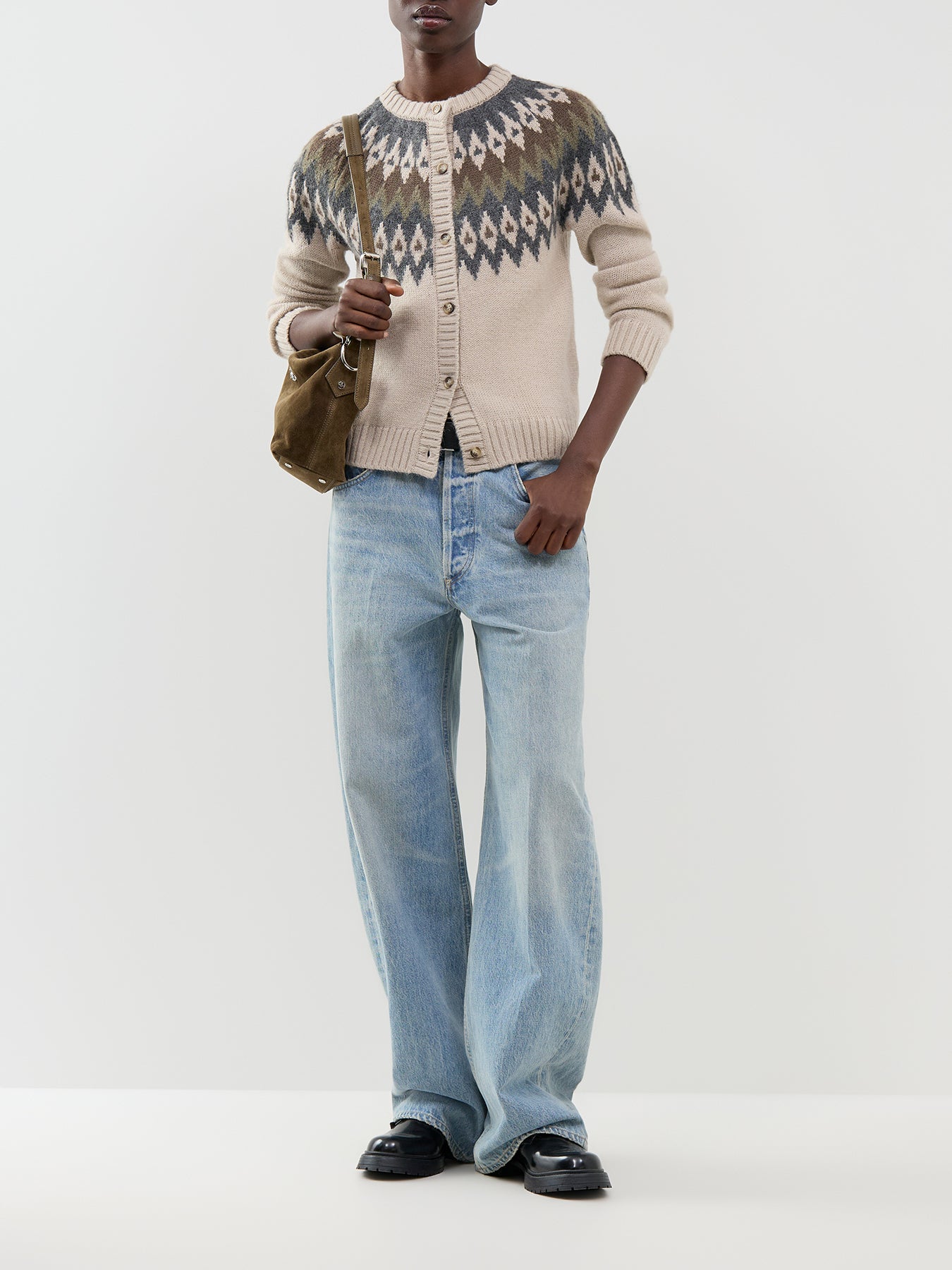 Alpaca & Wool Blend Targa Cardigan - Beige Jacquard