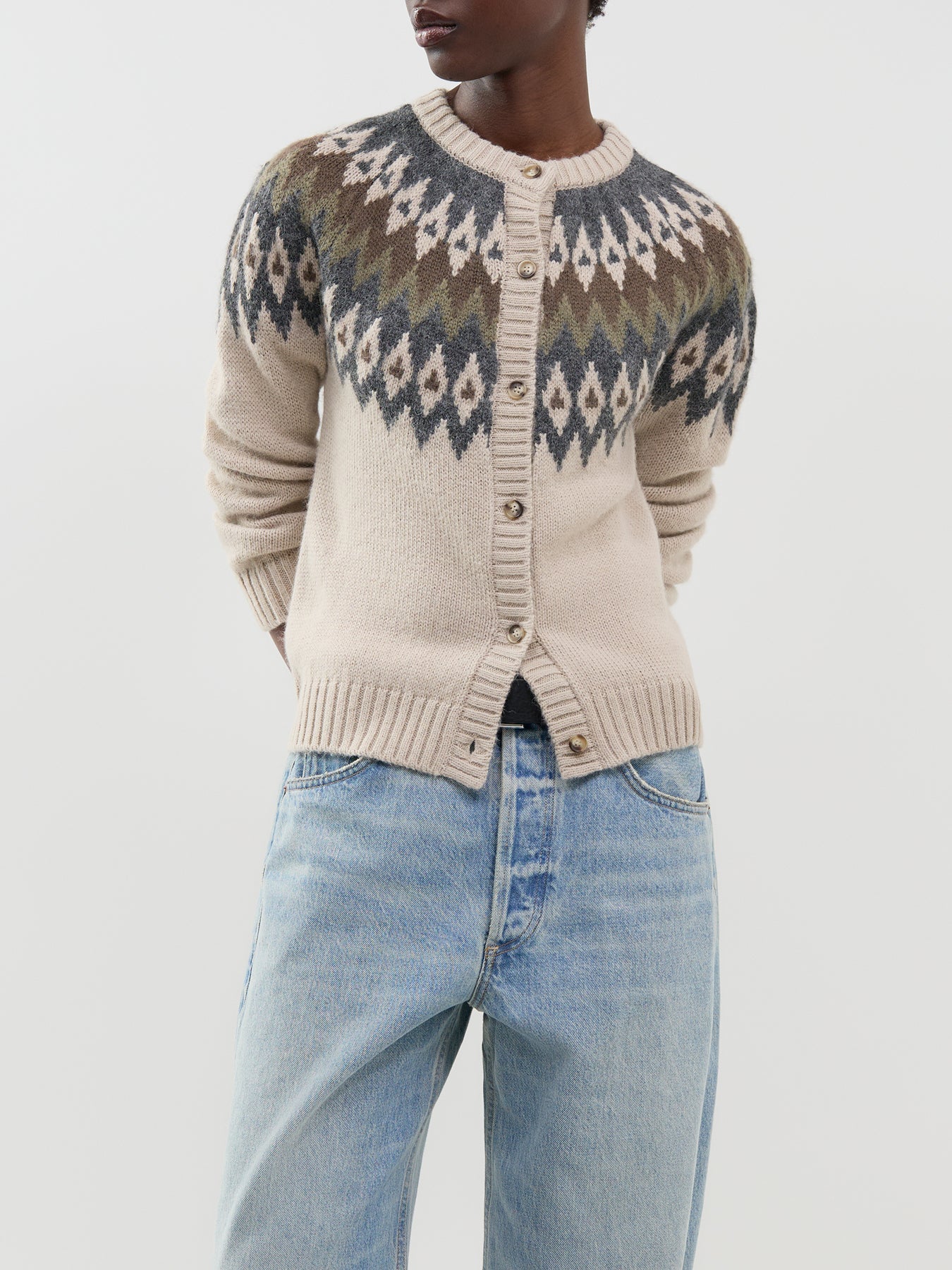 Alpaca & Wool Blend Targa Cardigan - Beige Jacquard