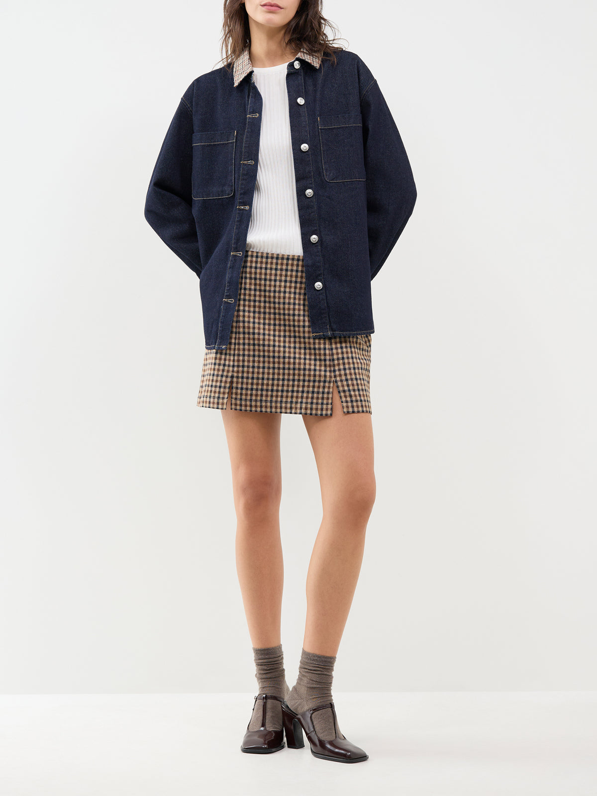 Violetta Check Slit Mini Skirt – Brown & Navy