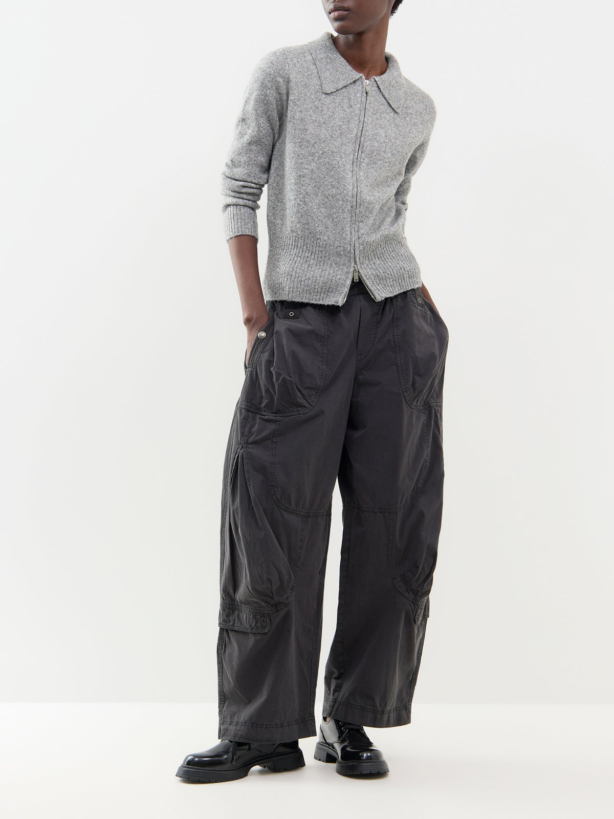 Wool Blend Zip Cardigan - Medium Grey
