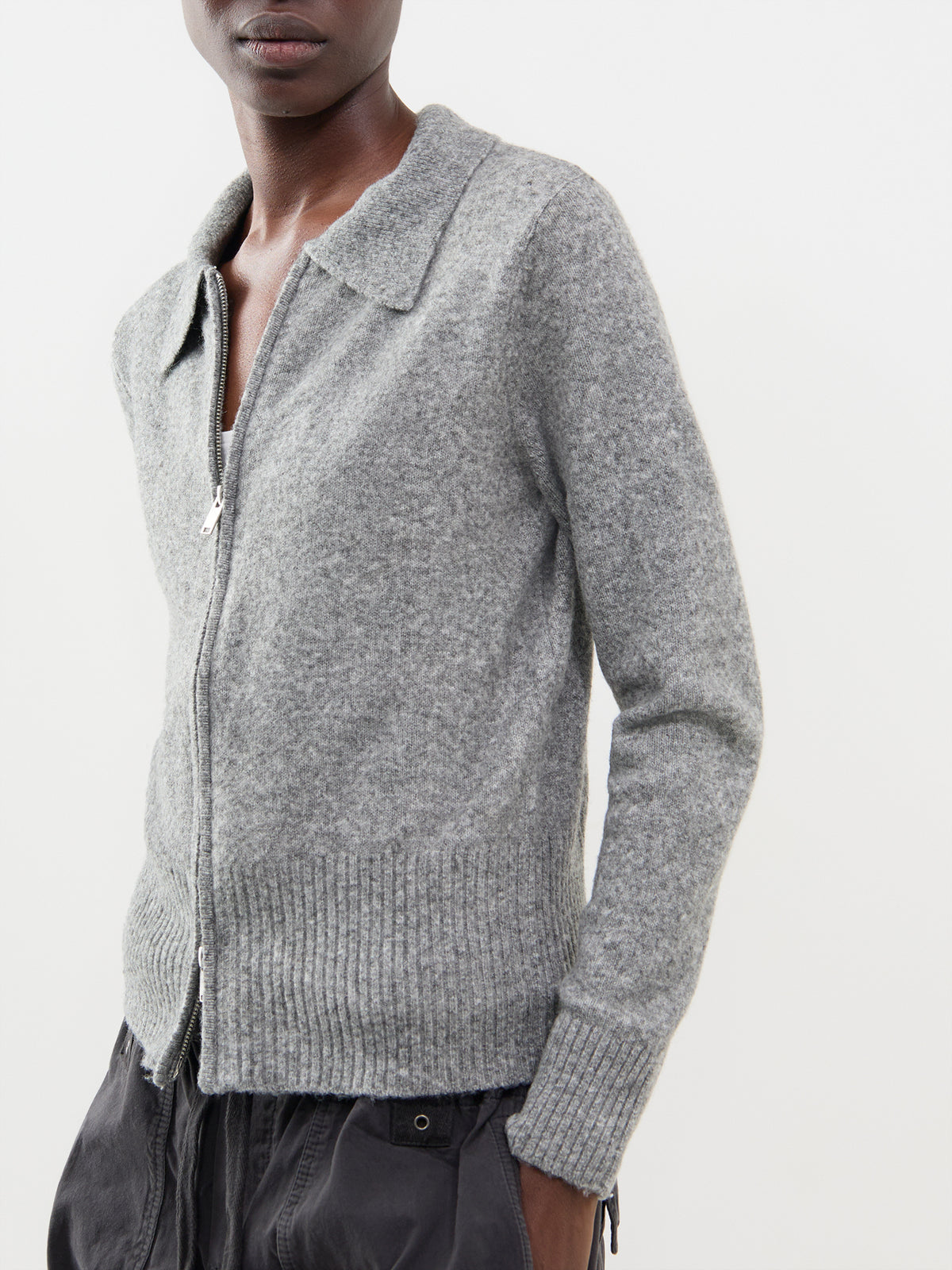 Wool Blend Zip Cardigan - Medium Grey