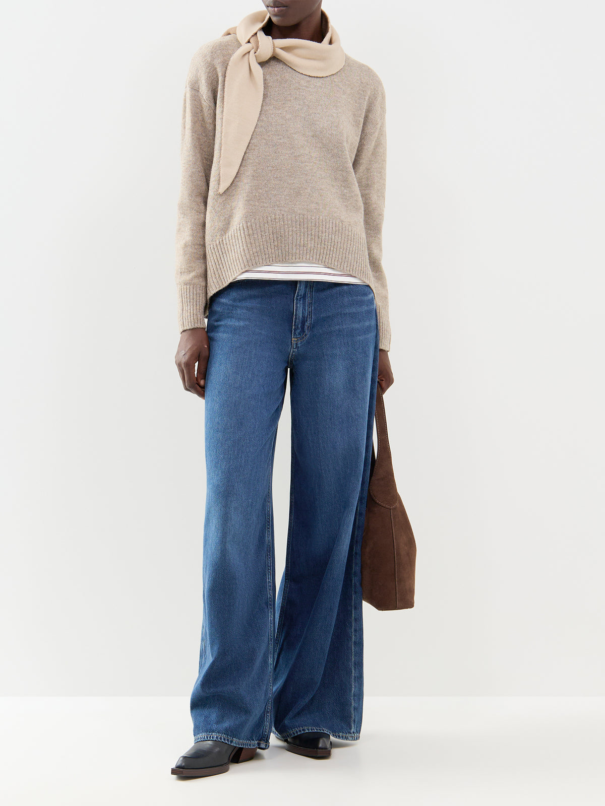 Wool Blend High-Low Crew Neck Jumper - Taupe Grey
