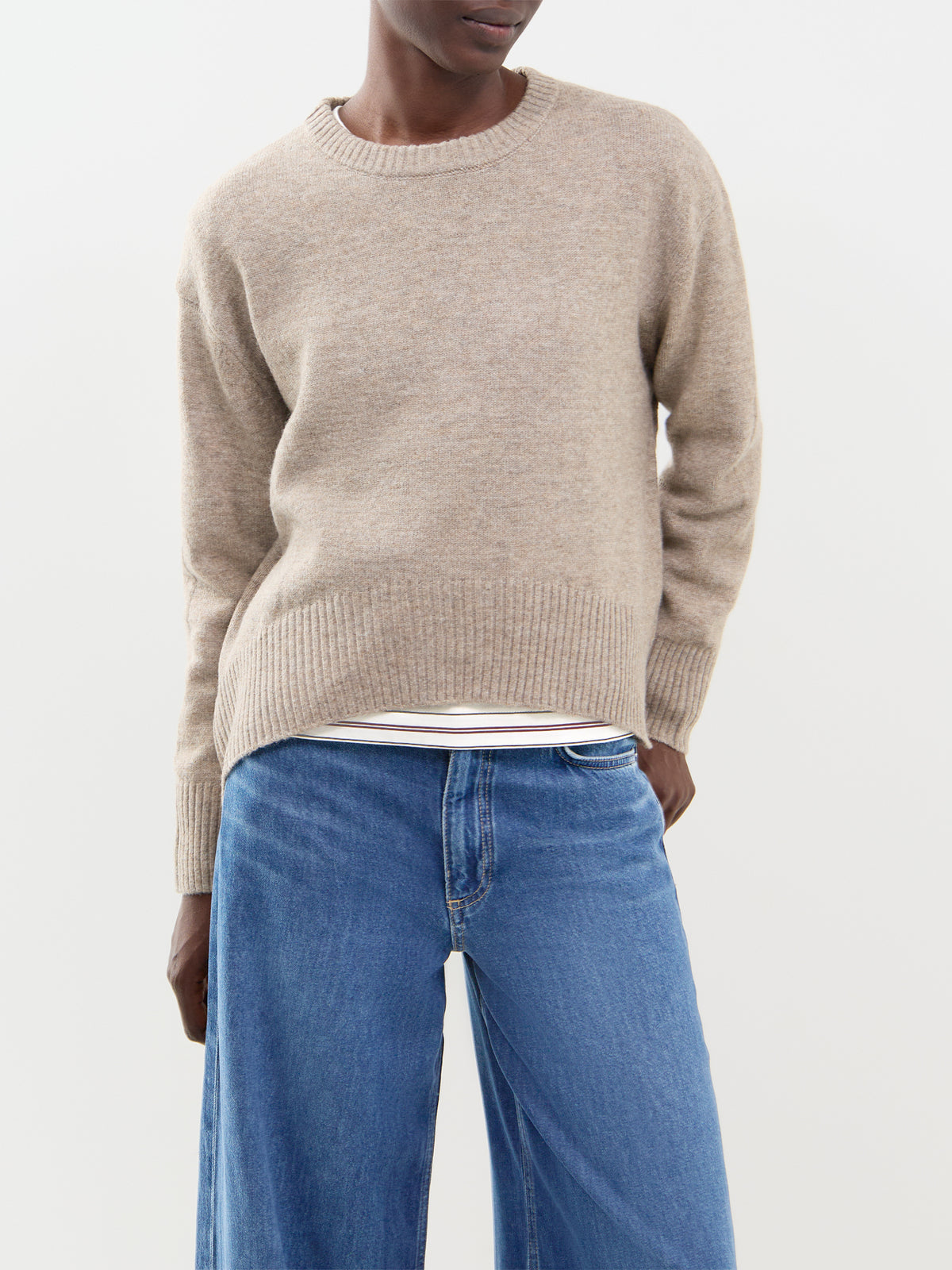 Wool Blend High-Low Crew Neck Jumper - Taupe Grey