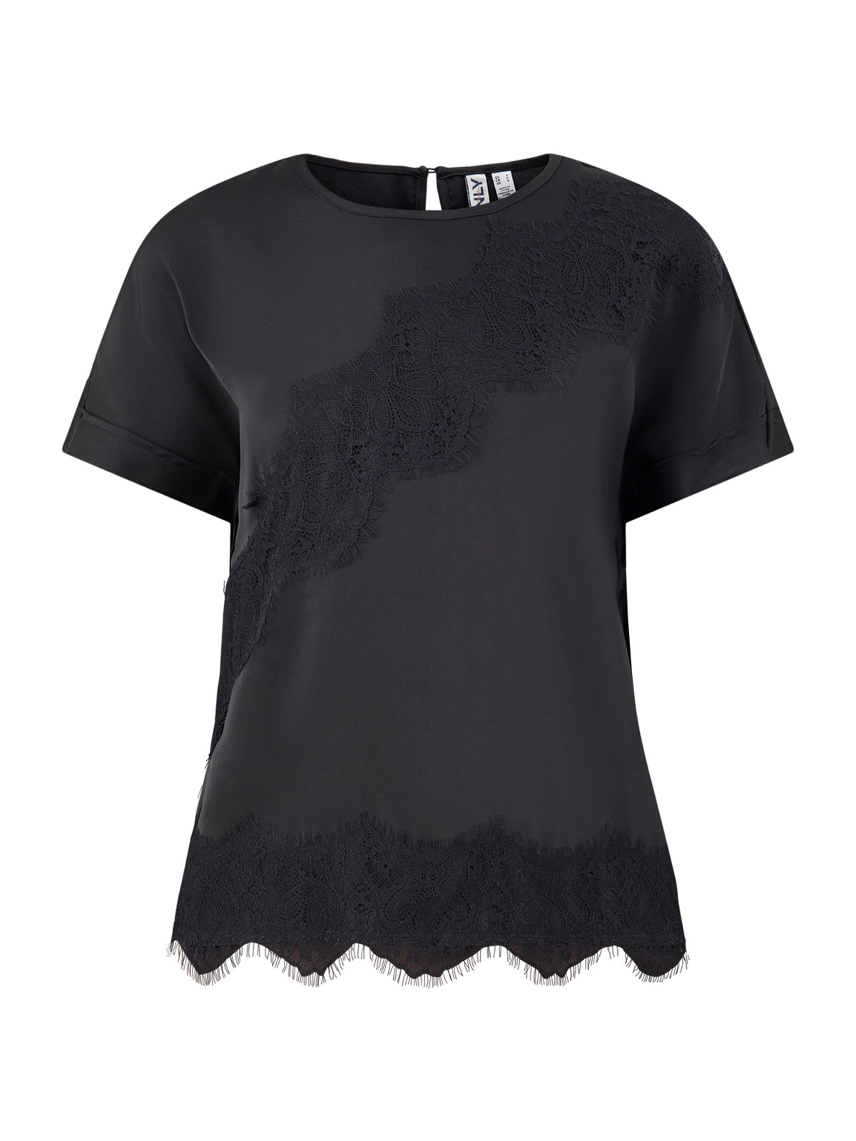 Lace Satin Short Sleeve Top - Black