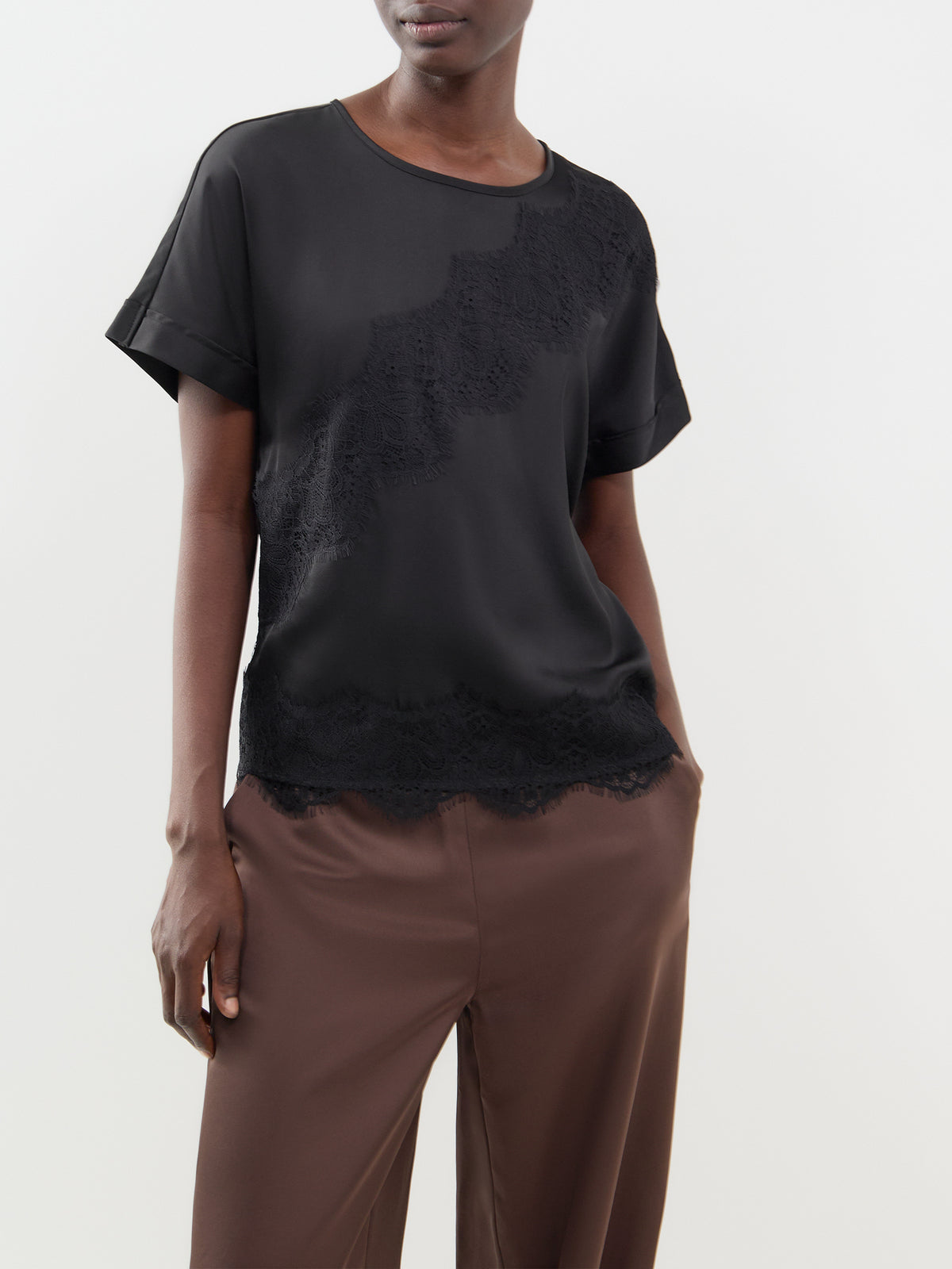 Lace Satin Short Sleeve Top - Black