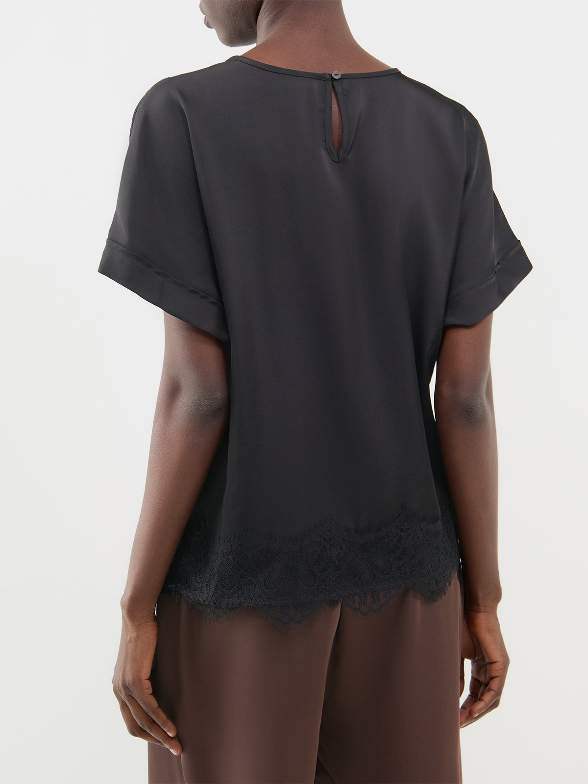 Lace Satin Short Sleeve Top - Black