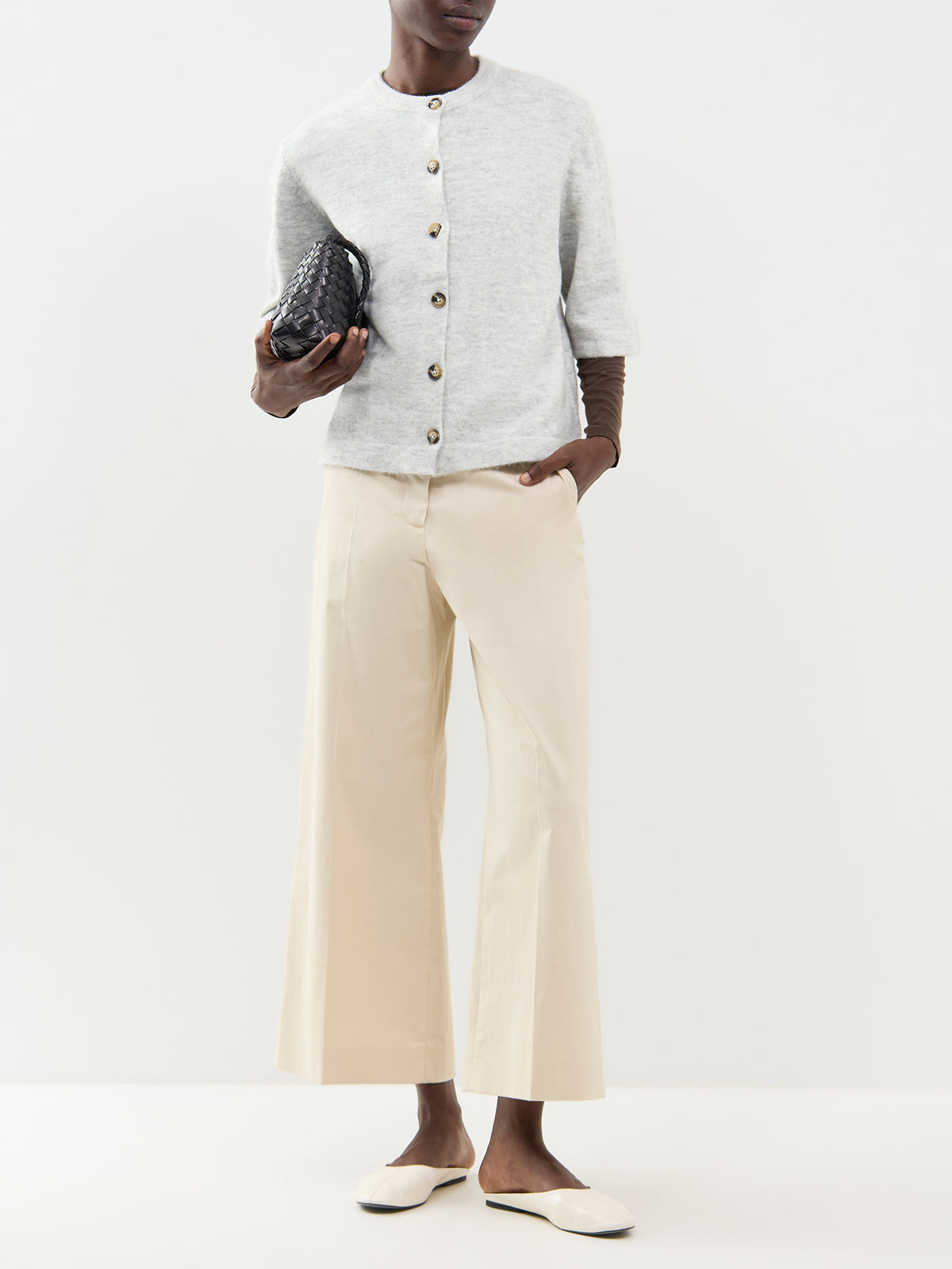 Short Sleeve Knitted Cardigan - Light Grey