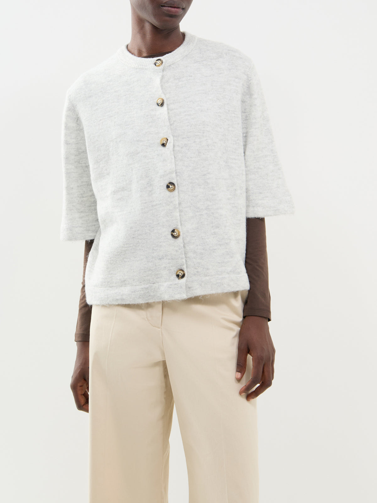 Short Sleeve Knitted Cardigan - Light Grey