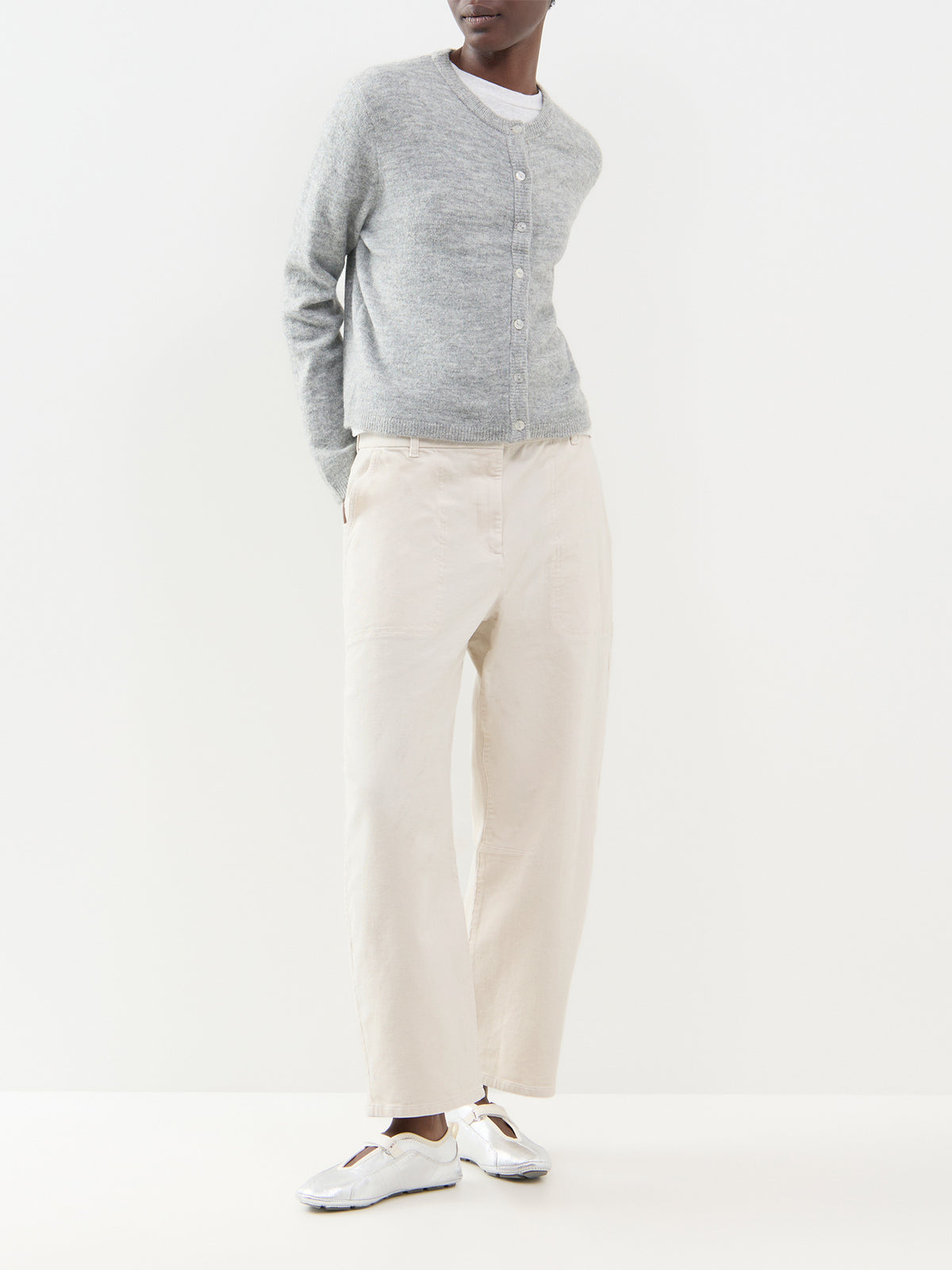 Long Sleeve Crew Neck Cardigan - Medium Grey