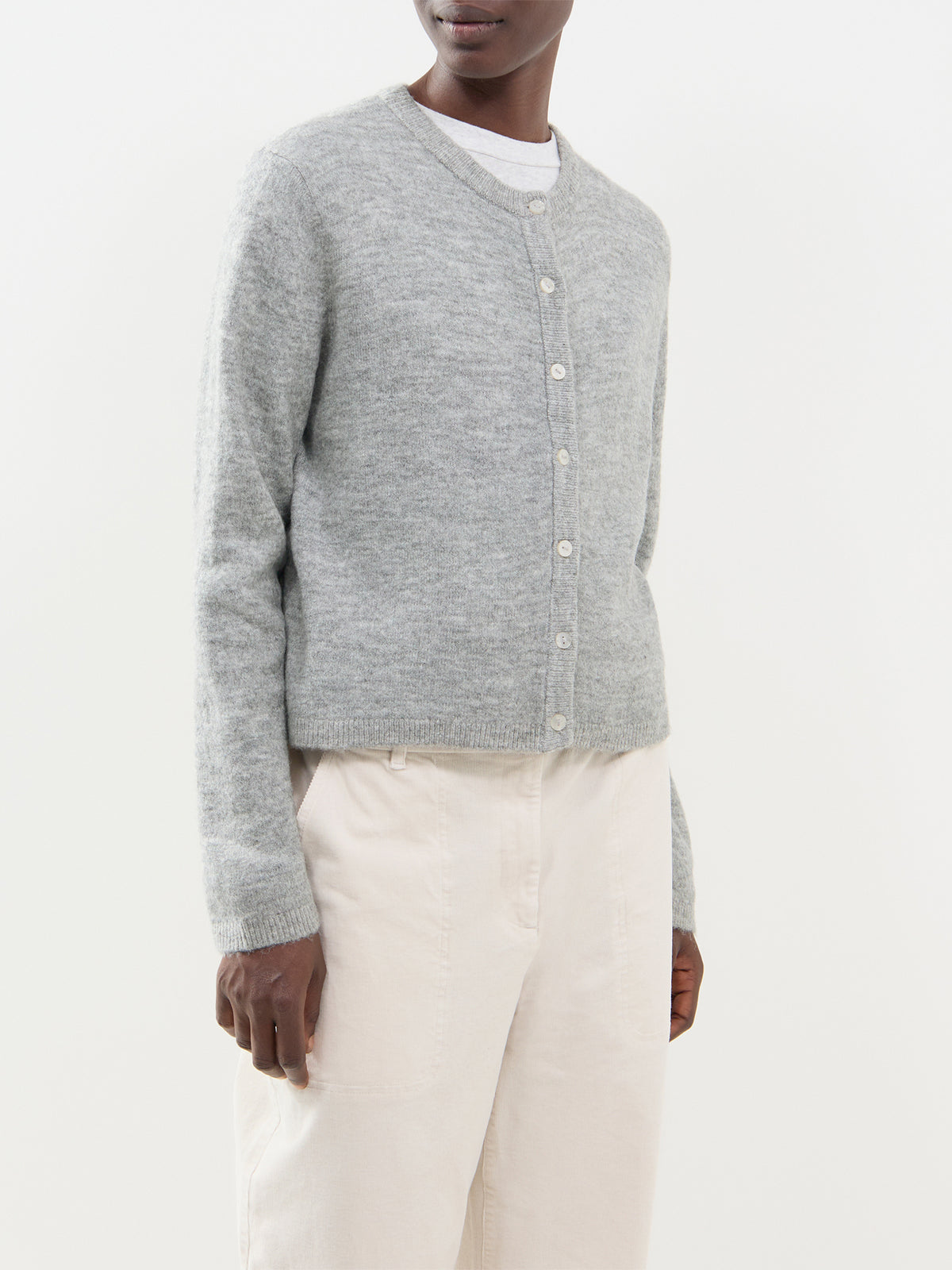 Long Sleeve Crew Neck Cardigan - Medium Grey