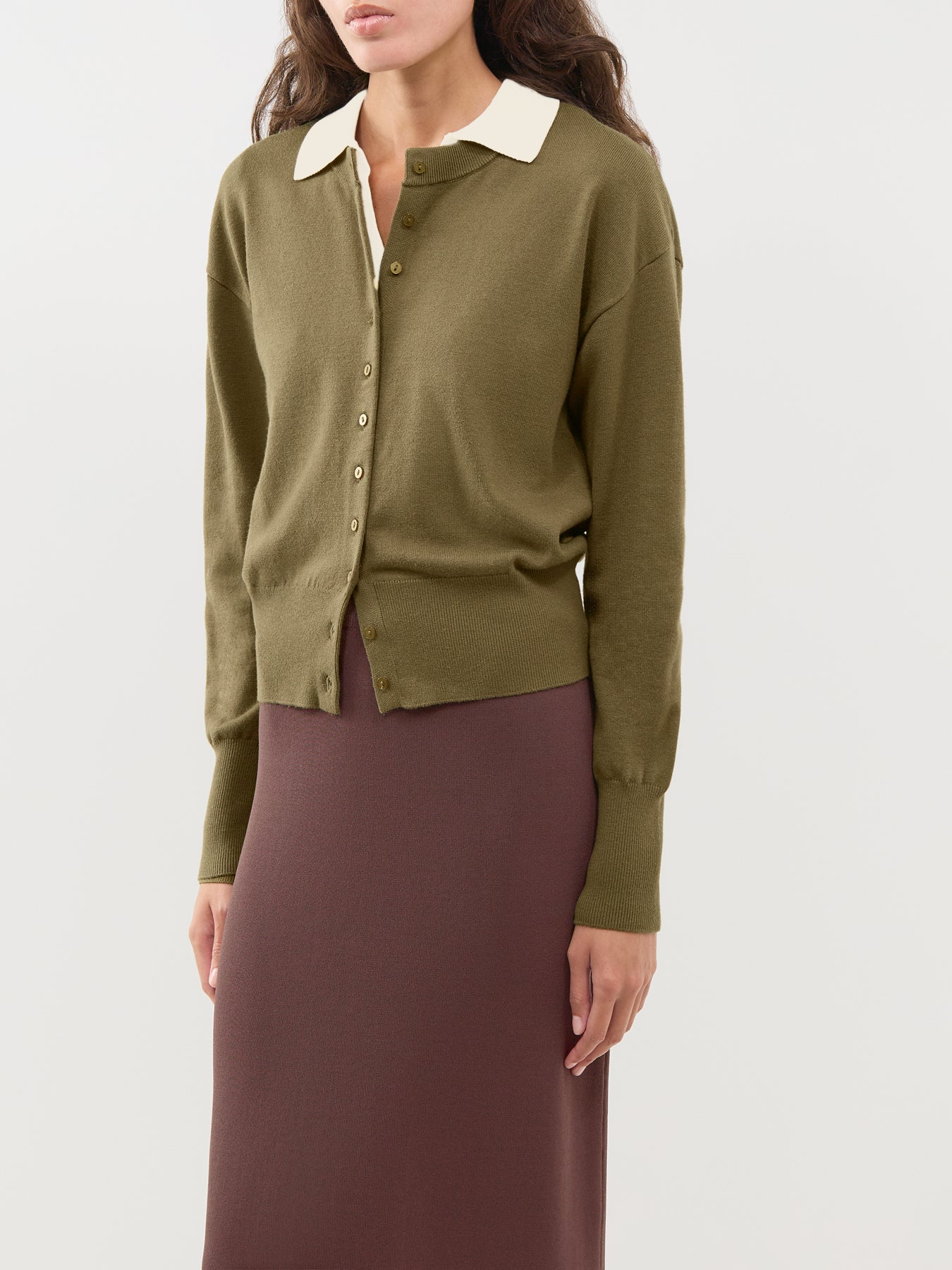 Mio Long-Sleeved Button Cardigan - Winter Moss