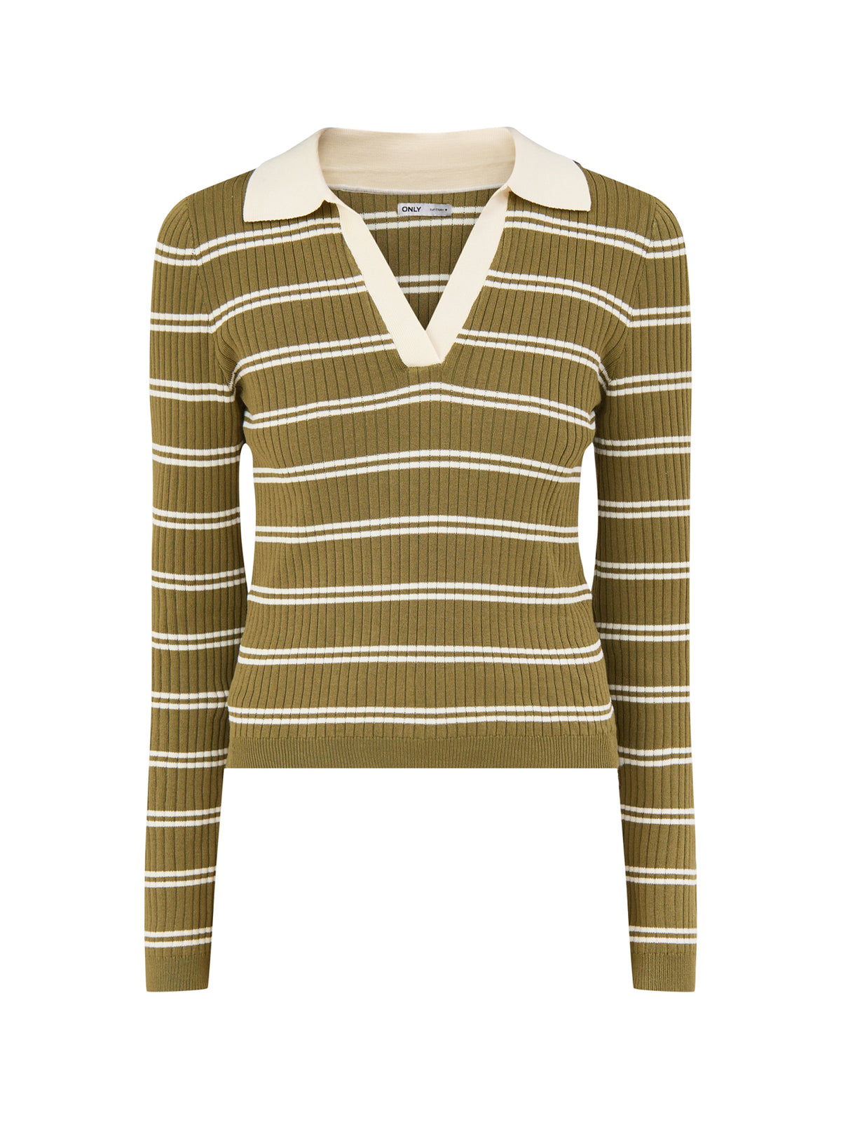 Kaya Long-Sleeved Stripe Polo Knit Jumper - Baby's Breath / Sphagnum