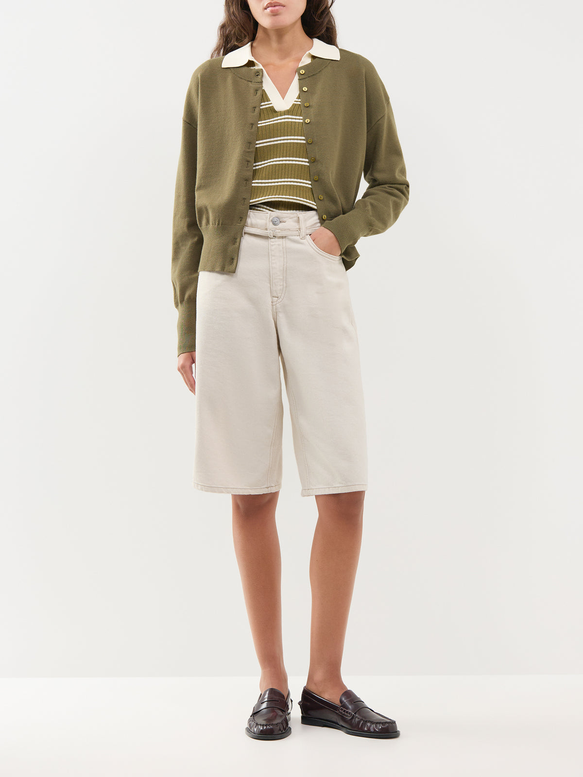Kaya Long-Sleeved Stripe Polo Knit Jumper - Baby's Breath / Sphagnum