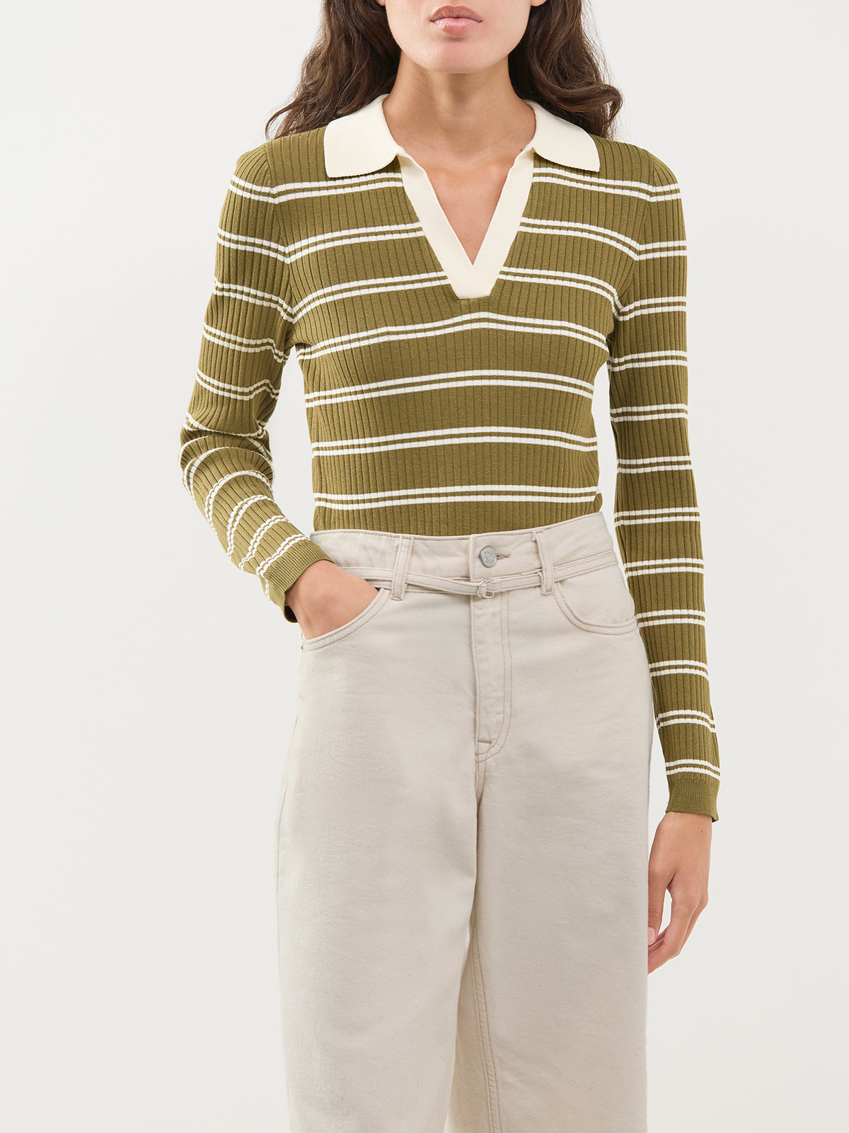 Kaya Long-Sleeved Stripe Polo Knit Jumper - Baby's Breath / Sphagnum
