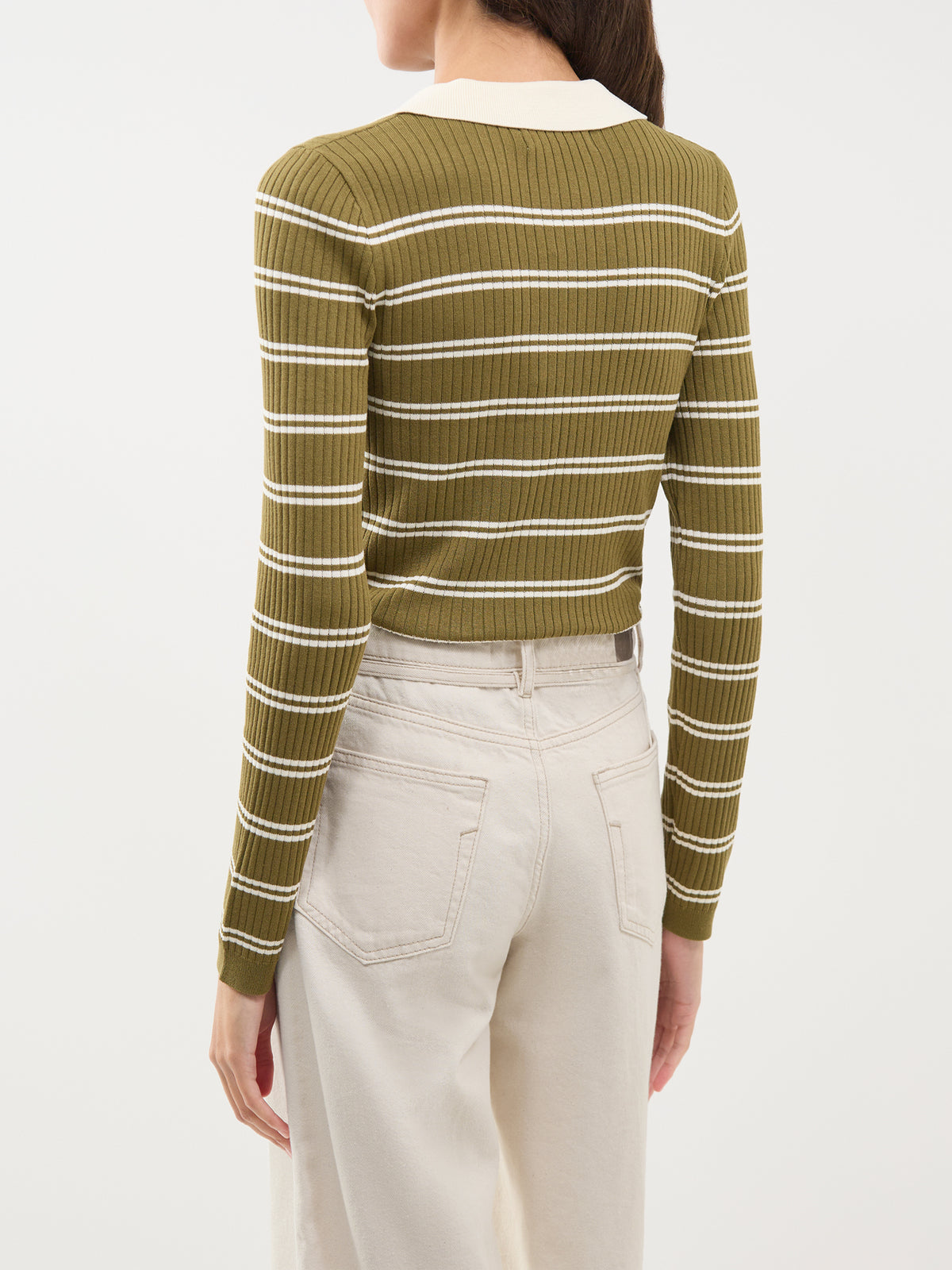 Kaya Long-Sleeved Stripe Polo Knit Jumper - Baby's Breath / Sphagnum