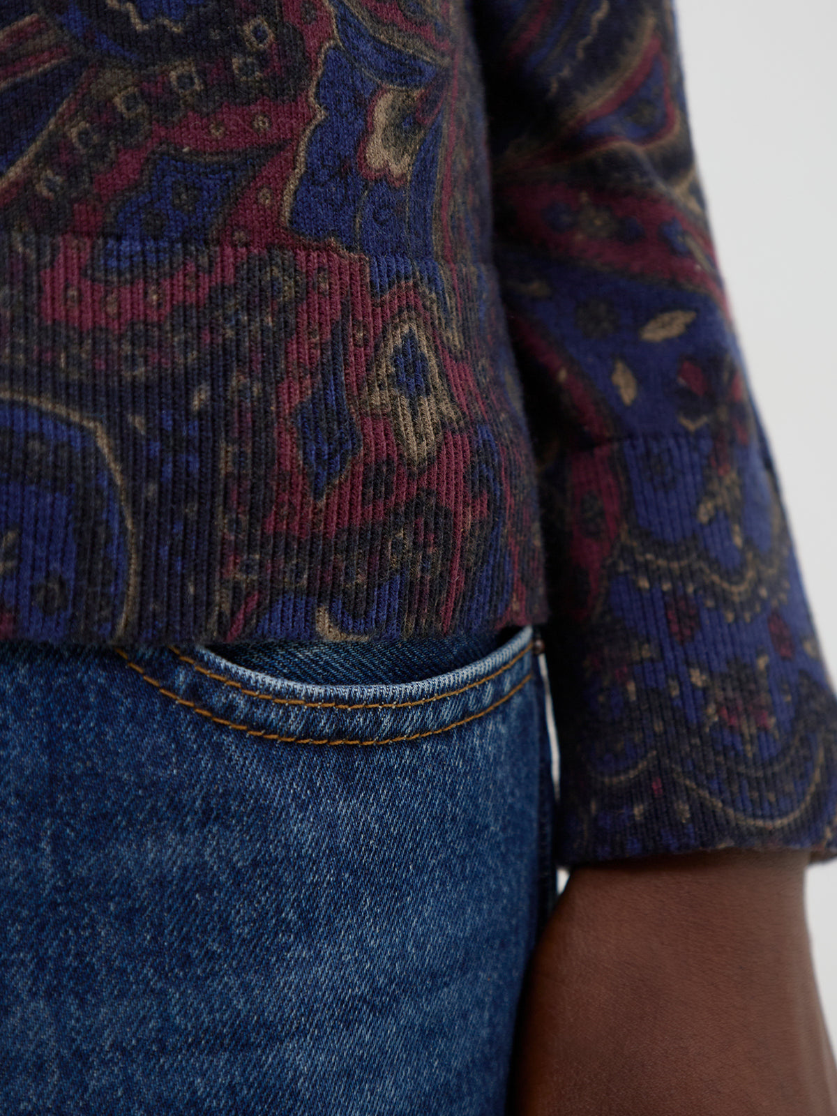 Cotton Blend Crew Neck Sweater - Navy Multi