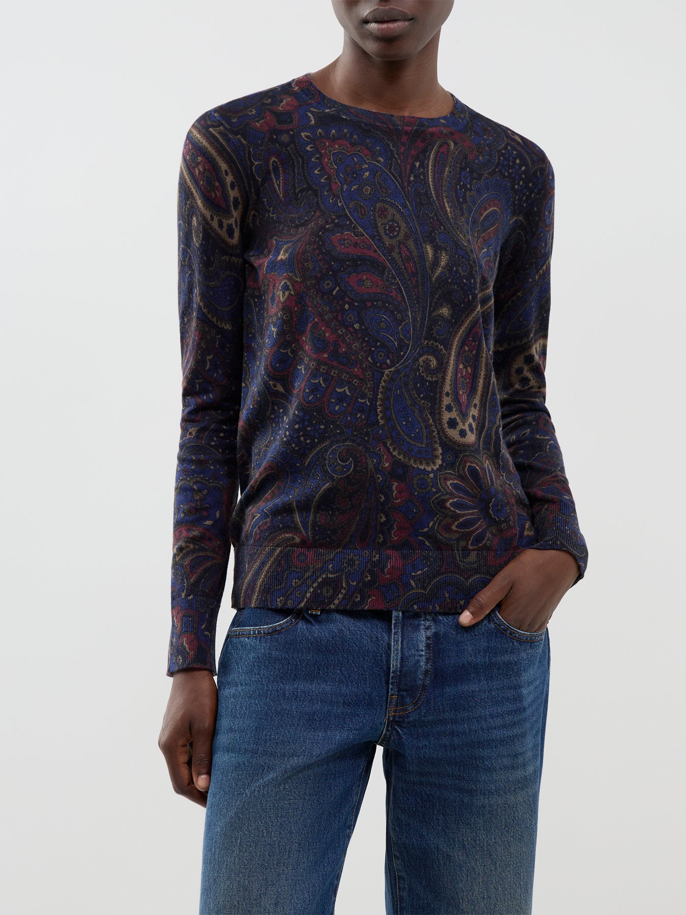 Cotton Blend Crew Neck Sweater - Navy Multi