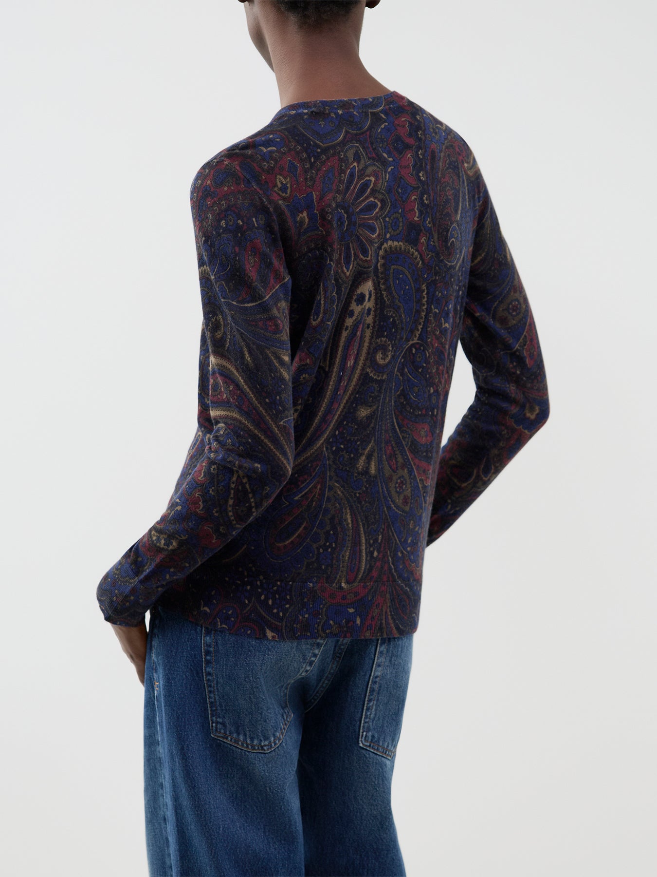 Cotton Blend Crew Neck Sweater - Navy Multi