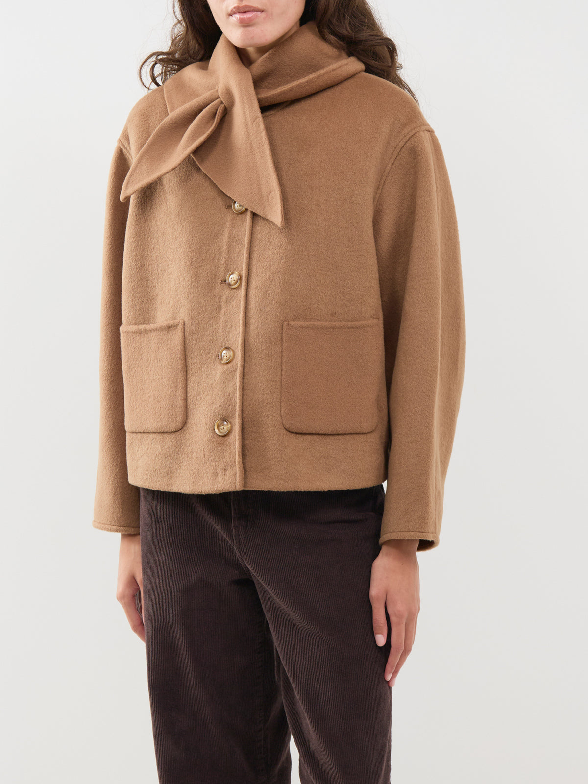 Wool Blend Tie Neck Jacket - Beige