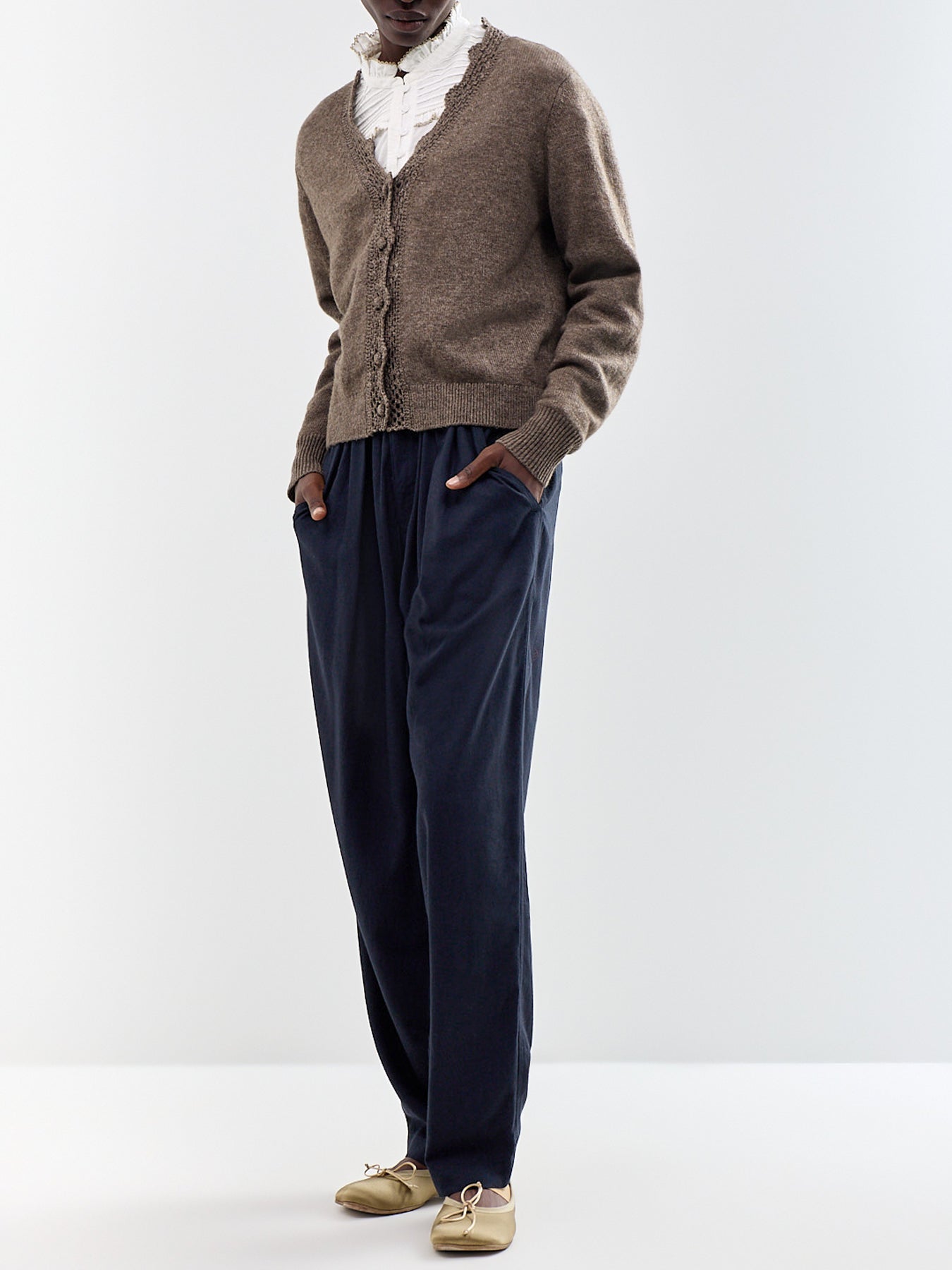 Crochet-Trim Wool-Blend Cardigan Brown
