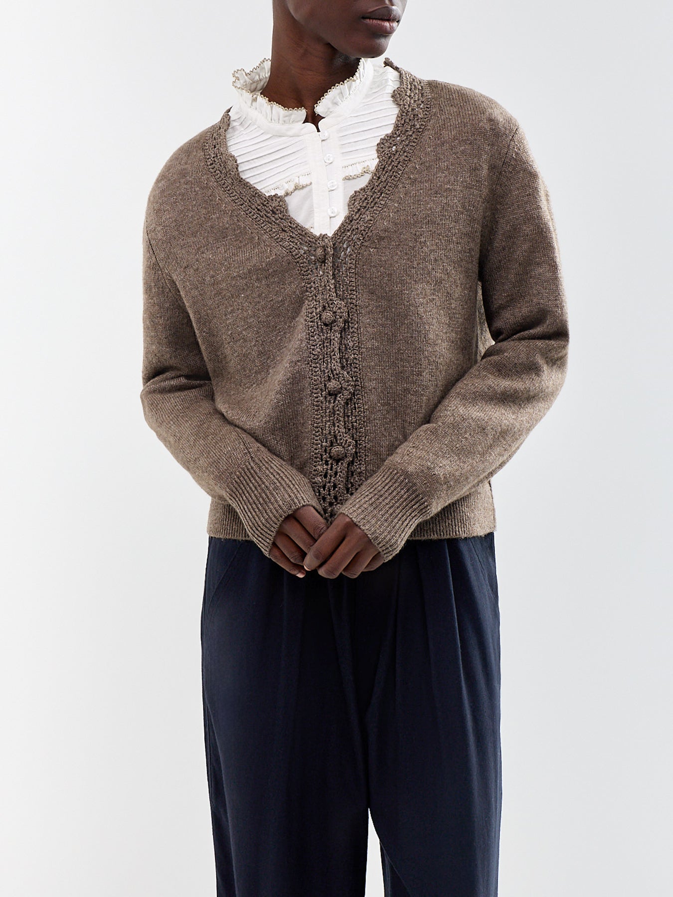 Crochet-Trim Wool-Blend Cardigan Brown