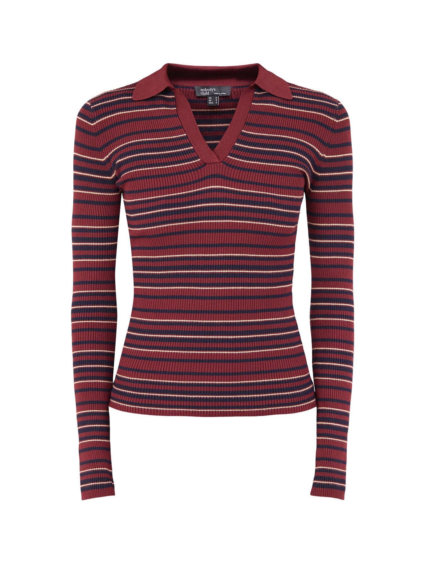 Open Collar Stripe Rib Top - Multi