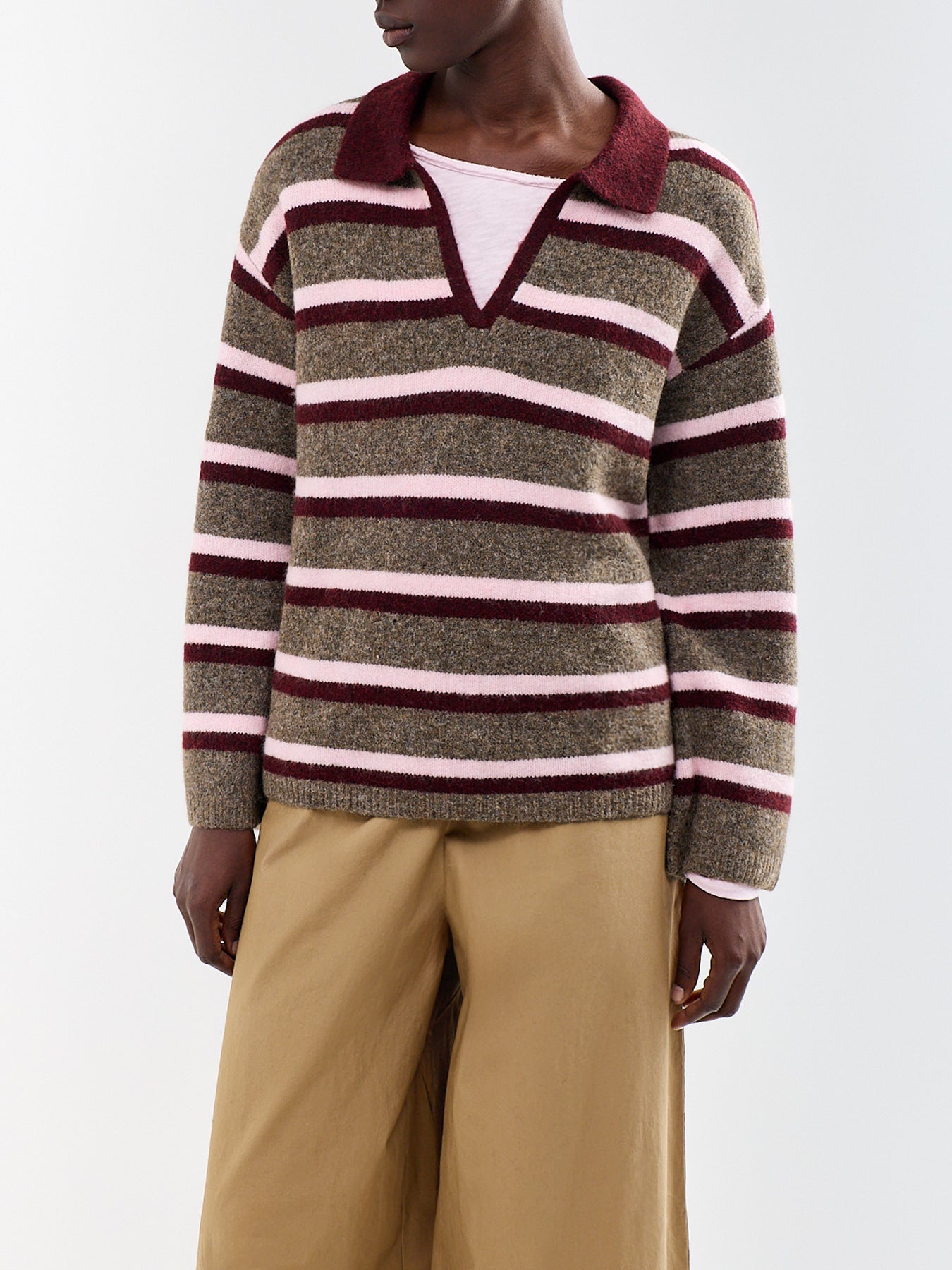 Open Collar Wool Blend Knitted Polo Top