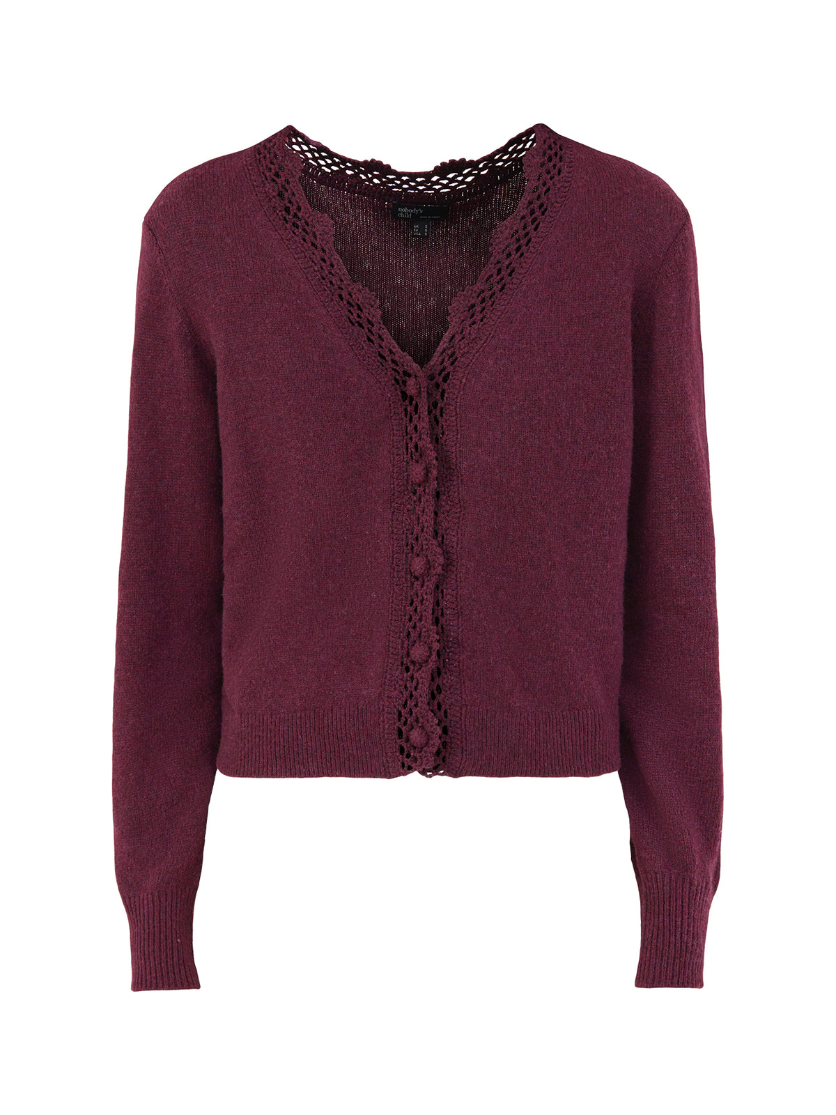 Wool Blend Crochet Trim V-Neck Cardigan - Red