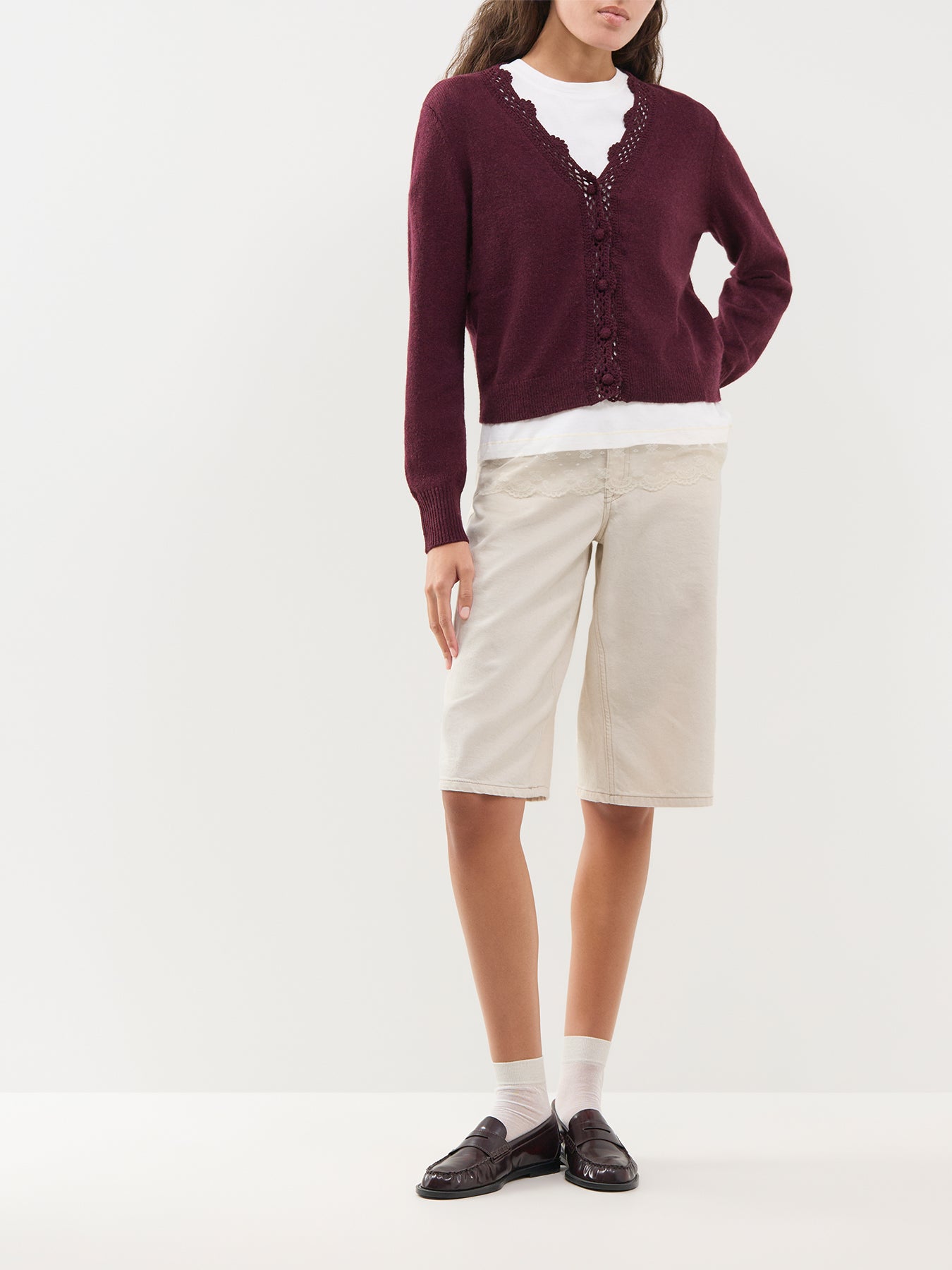 Wool Blend Crochet Trim V-Neck Cardigan - Red
