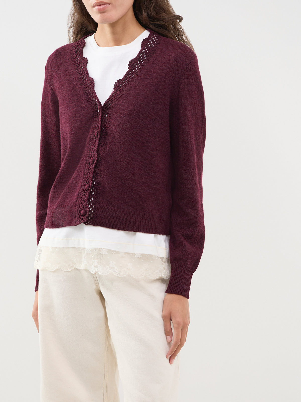 Wool Blend Crochet Trim V-Neck Cardigan - Red