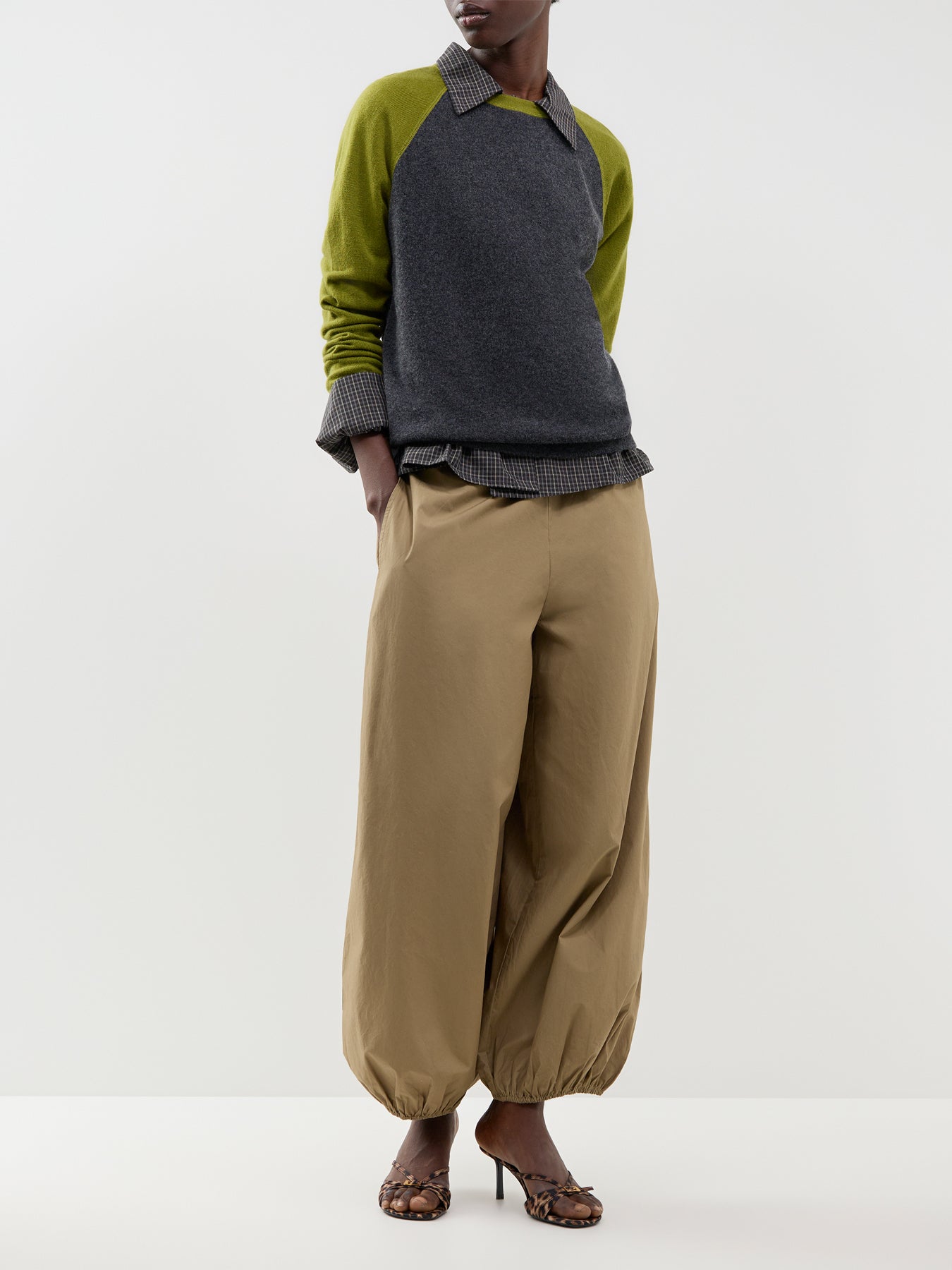Wool Blend Polly Contrast Knit Jumper - Dark Grey Melange & Green