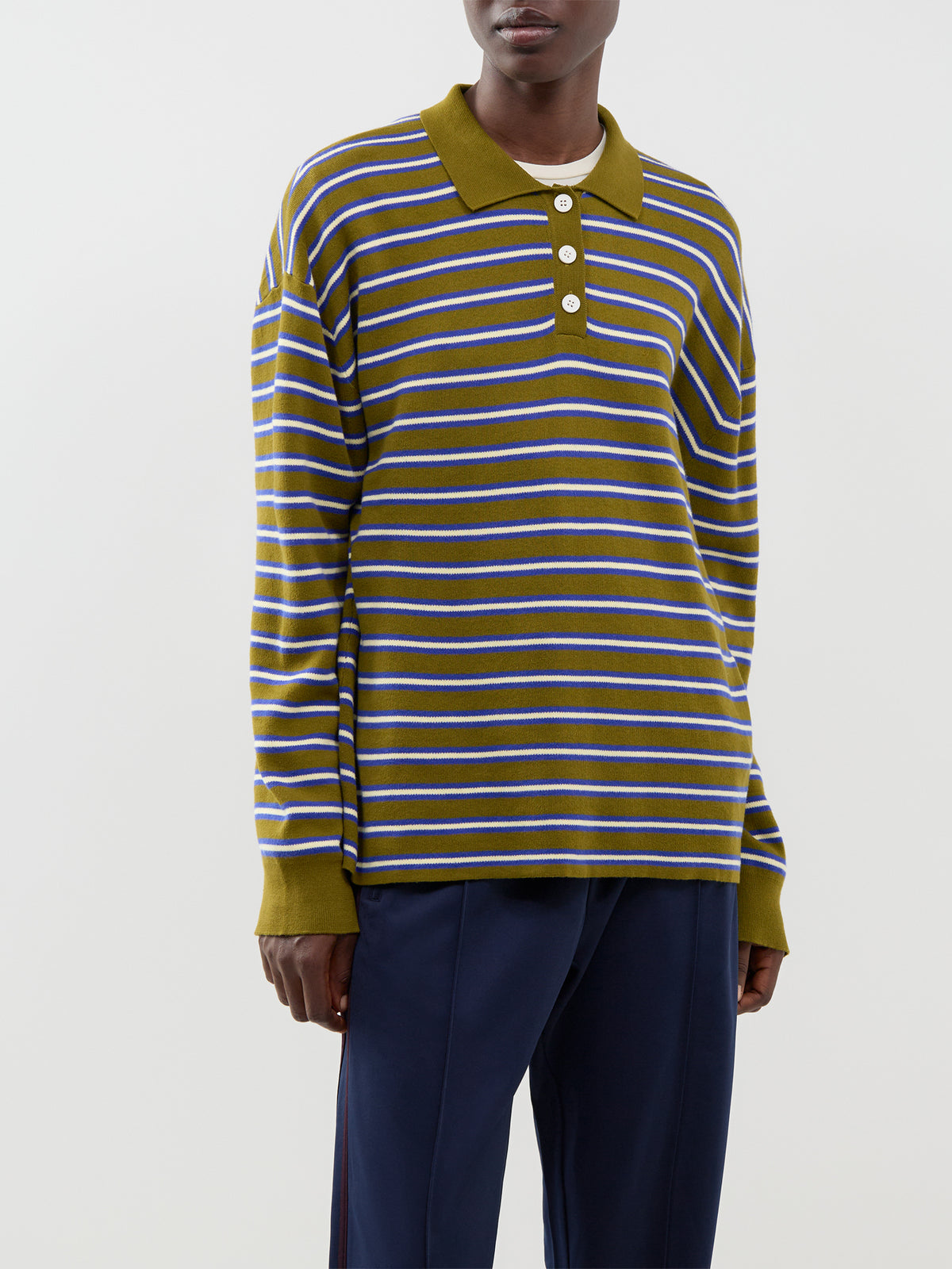 Cotton Adanne Polo Knit - Olive & Blue