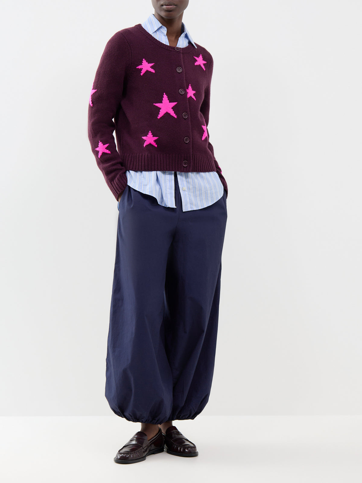 Star Round Neck Cardigan - Aubergine