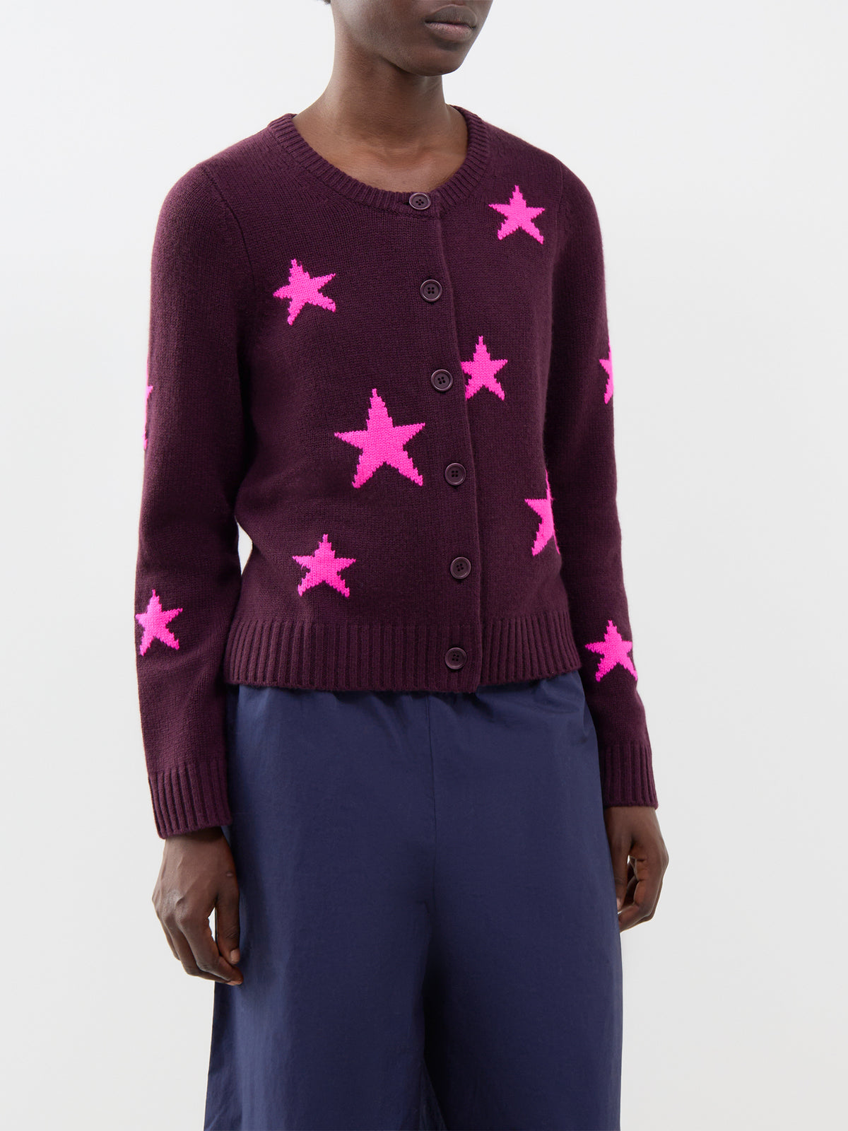 Star Round Neck Cardigan - Aubergine