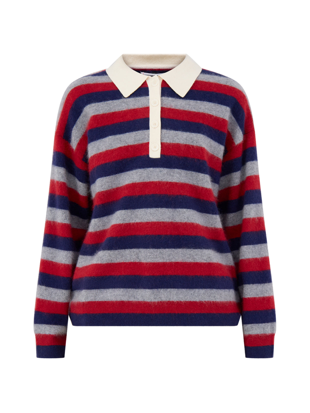 Striped Merino Wool Polo Jumper - Grey, Navy & Cherry