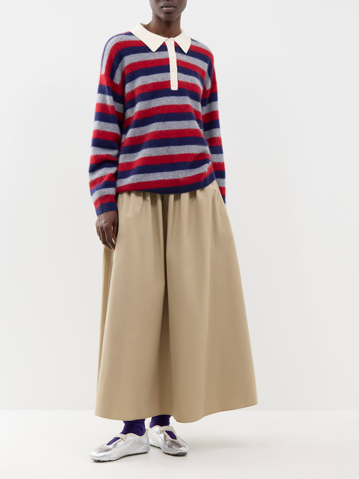 Striped Merino Wool Polo Jumper - Grey, Navy & Cherry