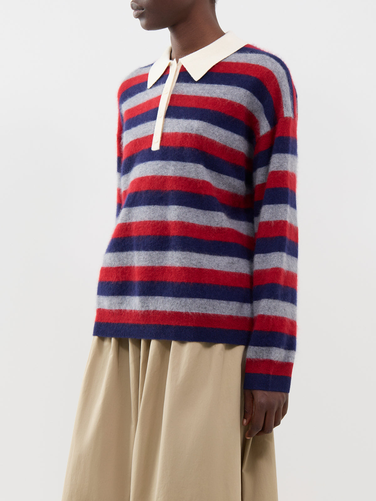Striped Merino Wool Polo Jumper - Grey, Navy & Cherry