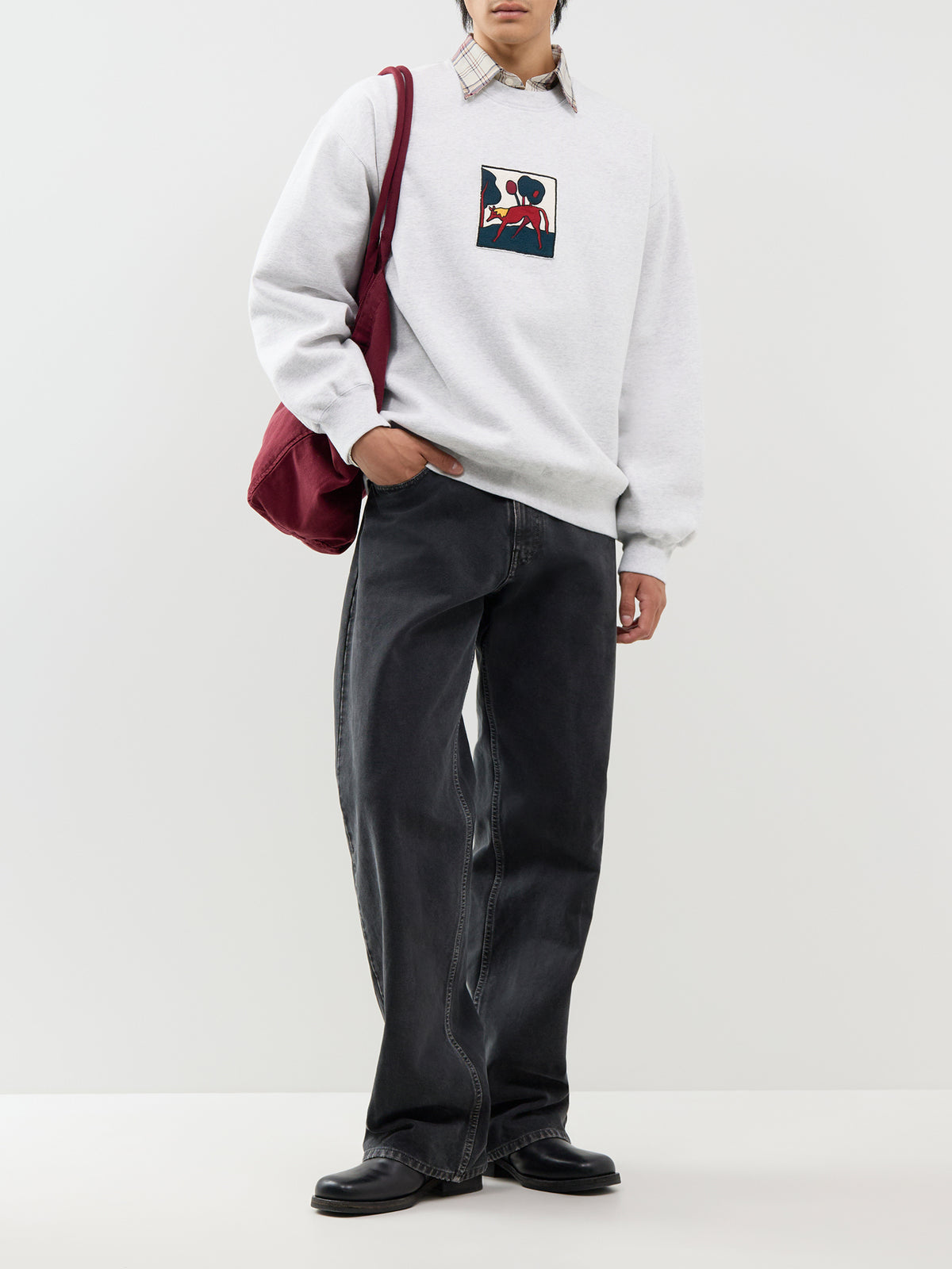 Cotton Blend Long Lost Leg Crew Neck Sweatshirt - Heather Grey