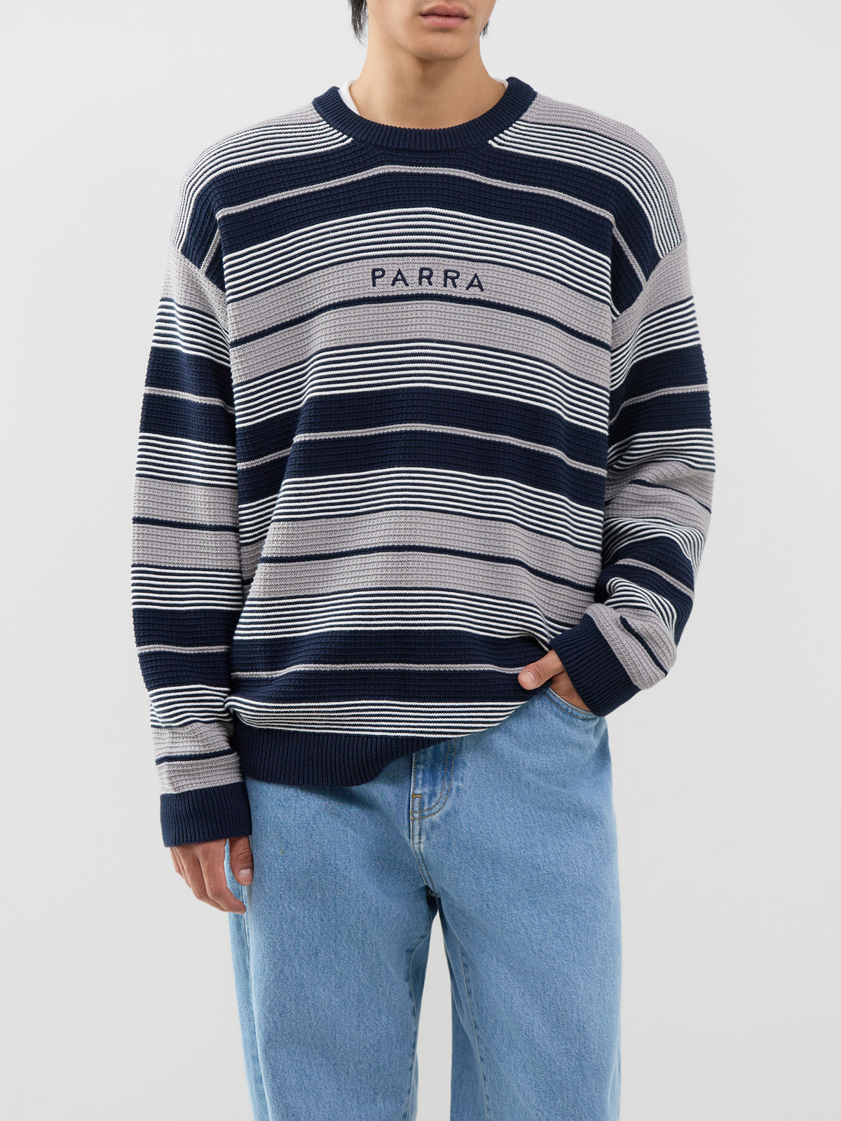 Cotton Neatly Striped Knitted Jumper - Navy