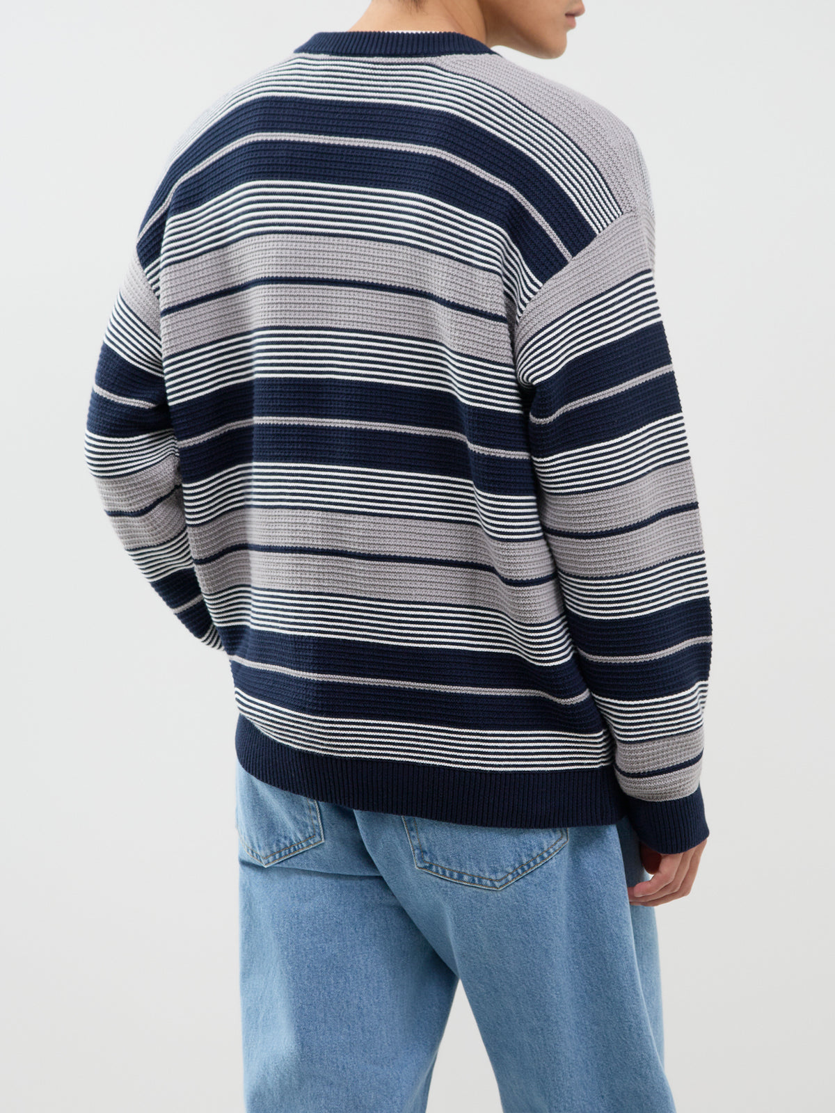 Cotton Neatly Striped Knitted Jumper - Navy
