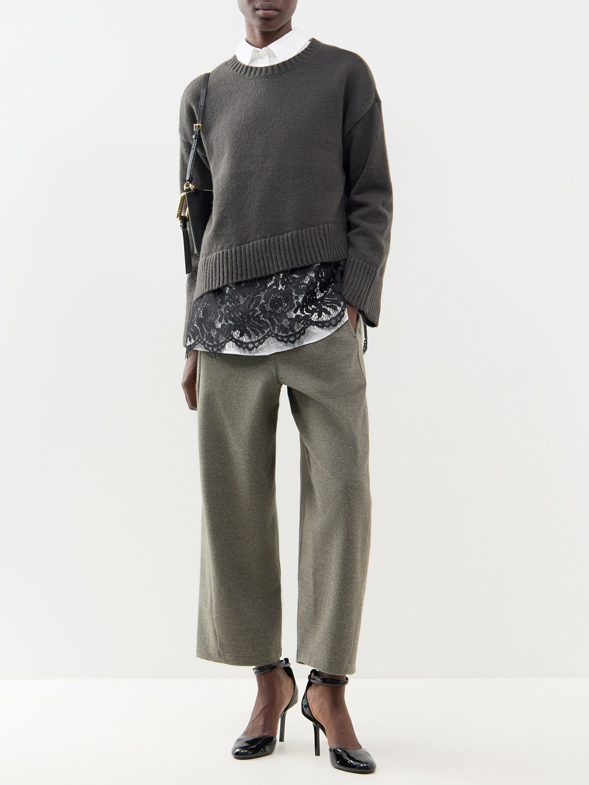 Lace Mix Crew Neck Jumper - Dark Grey