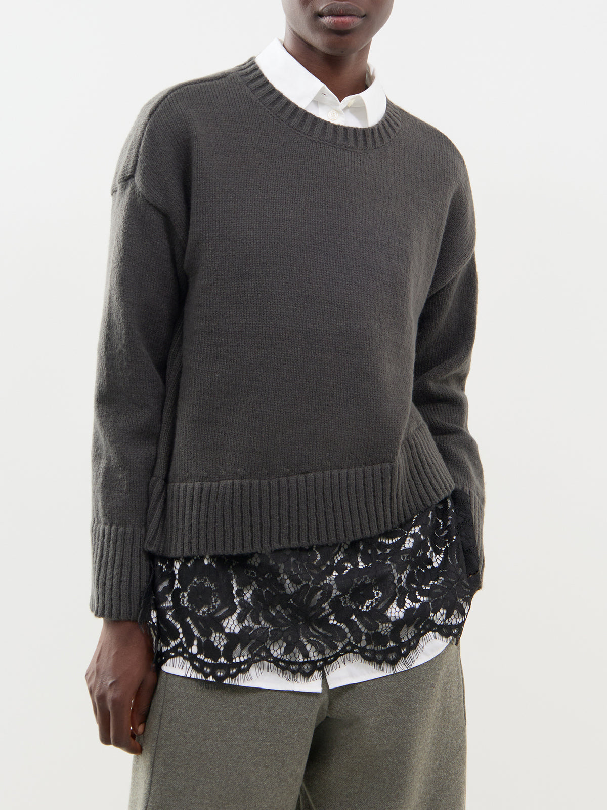 Lace Mix Crew Neck Jumper - Dark Grey