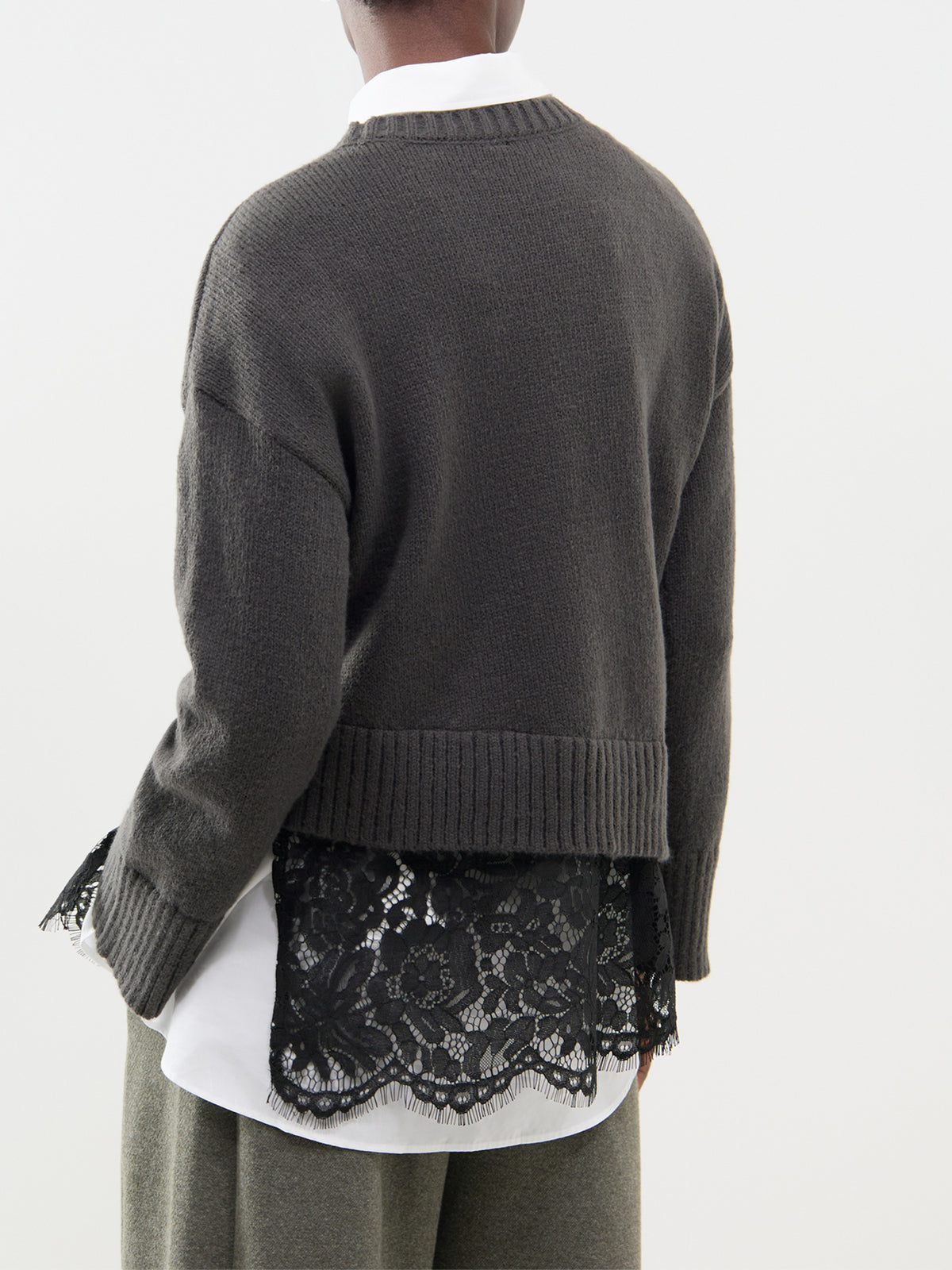 Lace Mix Crew Neck Jumper - Dark Grey