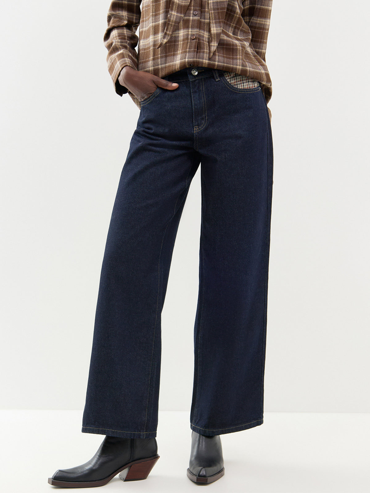 Wide Leg Denim Jeans - Dark Blue Denim