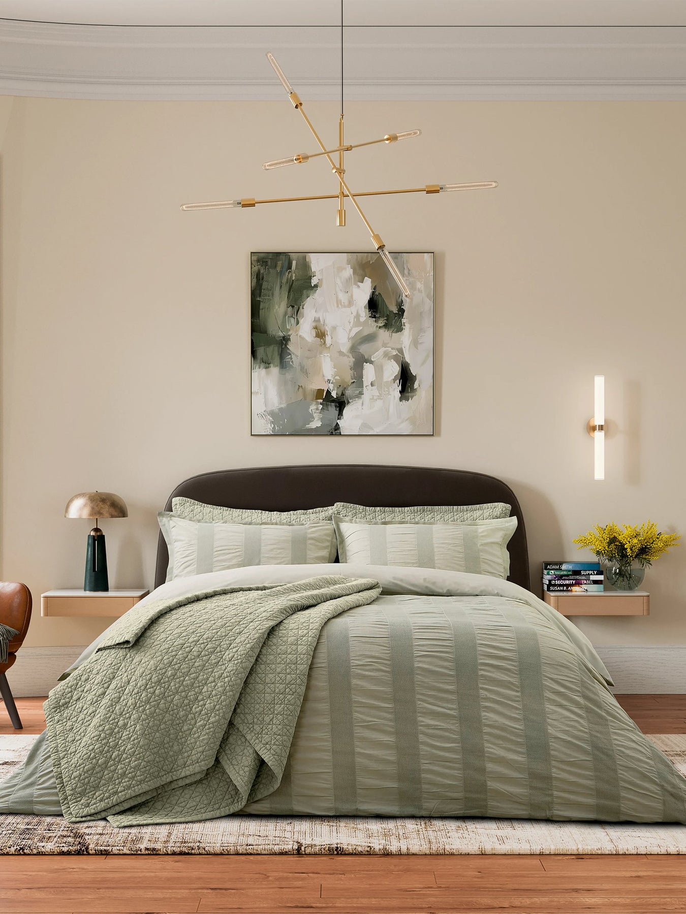 Woven Waffle Stripe Double Duvet Cover Set Sage Green